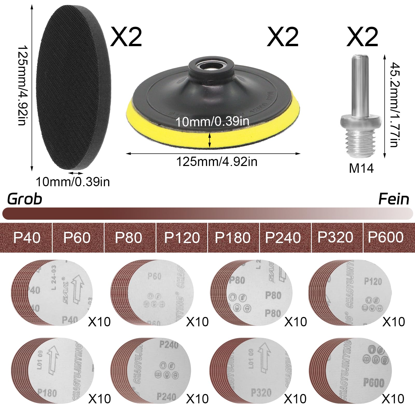 Set di 80 dischi abrasivi con 2 dischi abrasivi M14, 2 fusti e 2 tamponi, carta vetrata da 125 mm, grana in 40/60/80/120/180/240/320/600 per smerigliatrice angolare