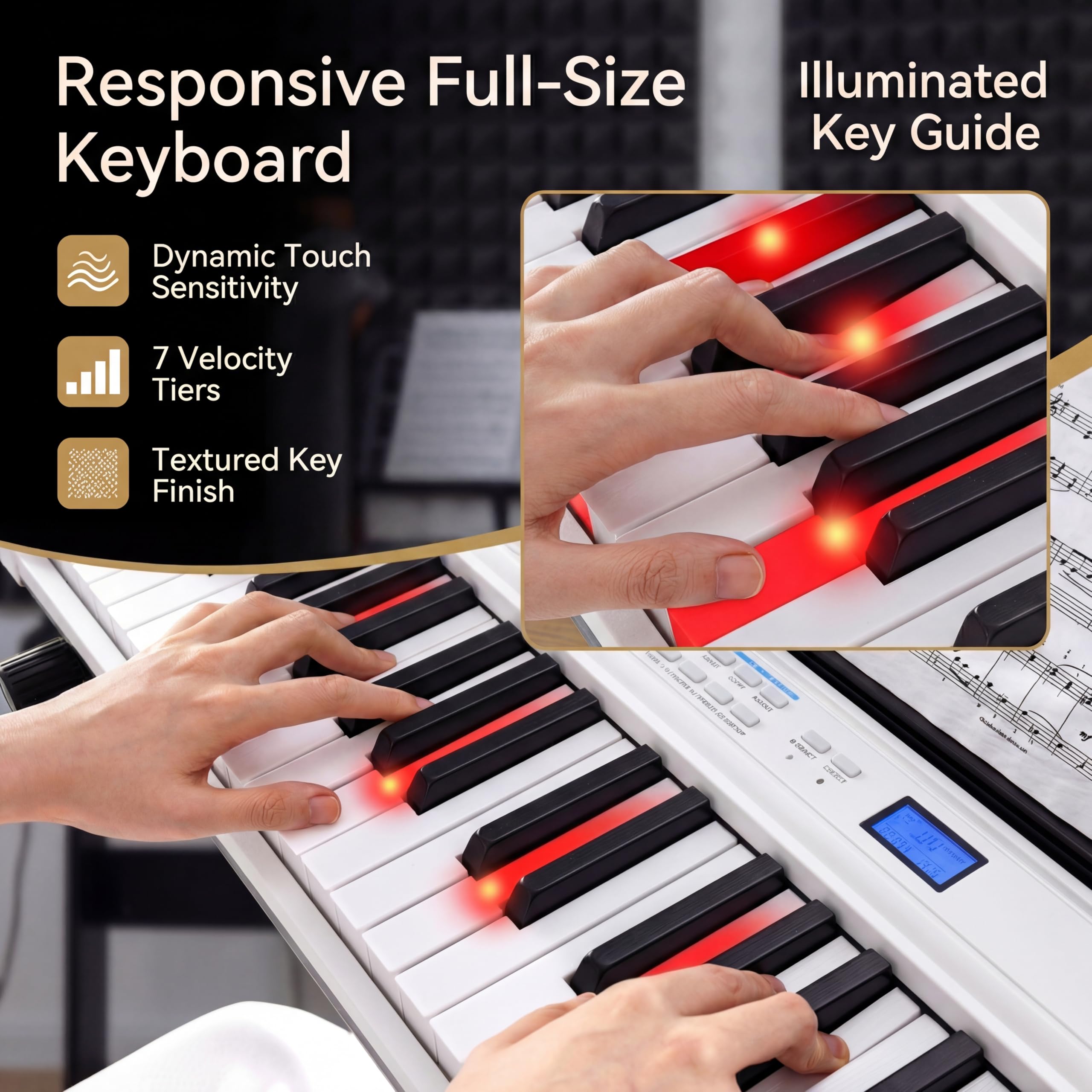 KOMFOTTEU Piano Numérique 88 Touches avec Support réglable & Tabouret, Touches lumineuses, Clavier de Pianos Électroniques avec Casque, Pédale et Pupitre, Piano Électronique, Sac de Transport (Blanc)