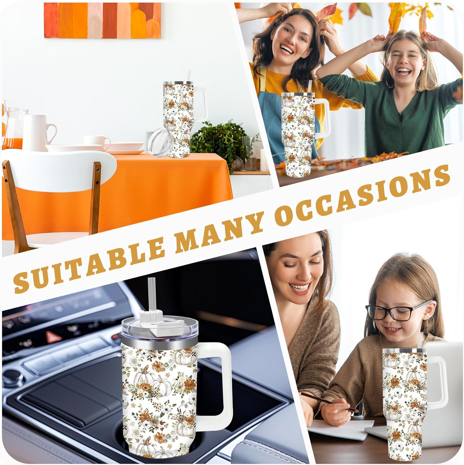 40oz Fall Pumpkin Tumbler with Handle Straw and Lid, White Pumpkin Retro Floral Travel Tumbler Watercolor Stainless Steel Cup Coffee Cup for Autumn Thanksgiving Party Home Office - Image 7