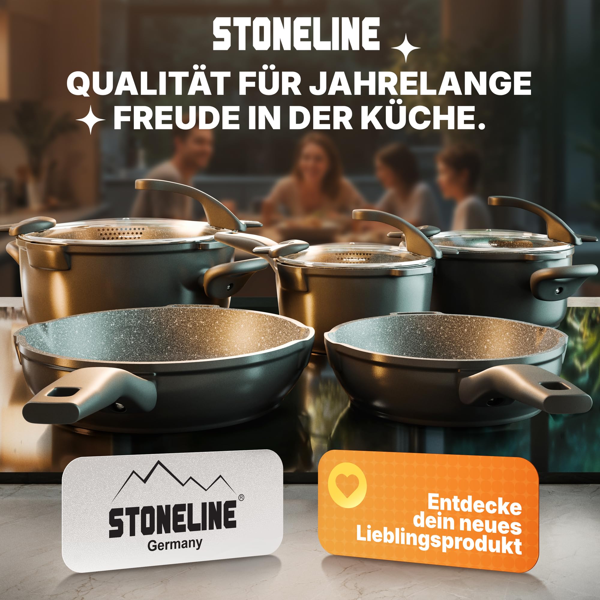 STONELINE Future Topfset Induktion, 8-teiliges Topfset mit Pfanne und Sieb Deckel, Kochtopf Set beschichtet mit echten Steinpartikeln, Aluguss Topf und Pfanne Induktion für alle Herdarten geeignet