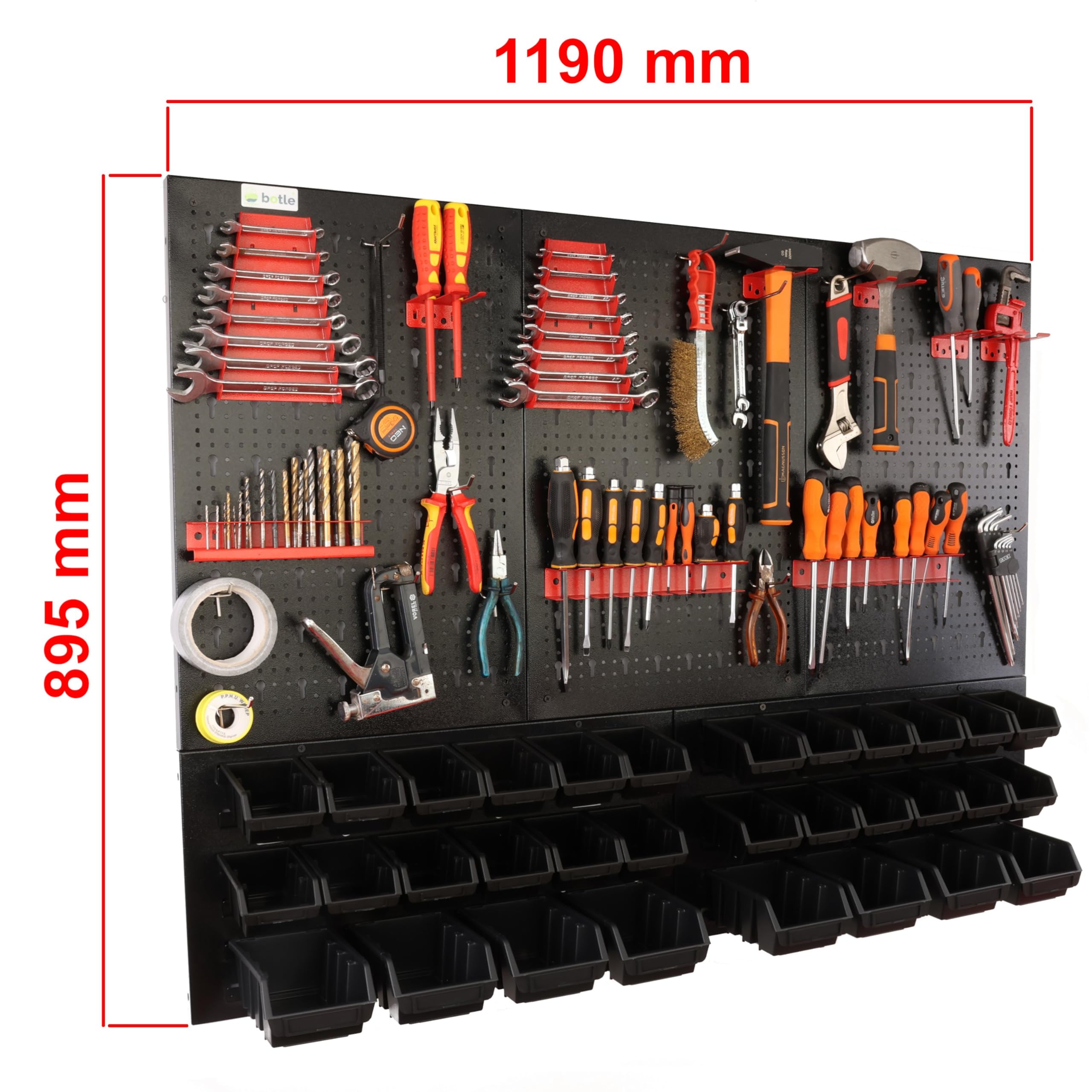 botle Pared perforada de metal, cajas apilables + estante de pared + soporte para herramientas, juego de 59 piezas, almacenamiento de piezas pequeñas, taller de pared con 32 recipientes negros
