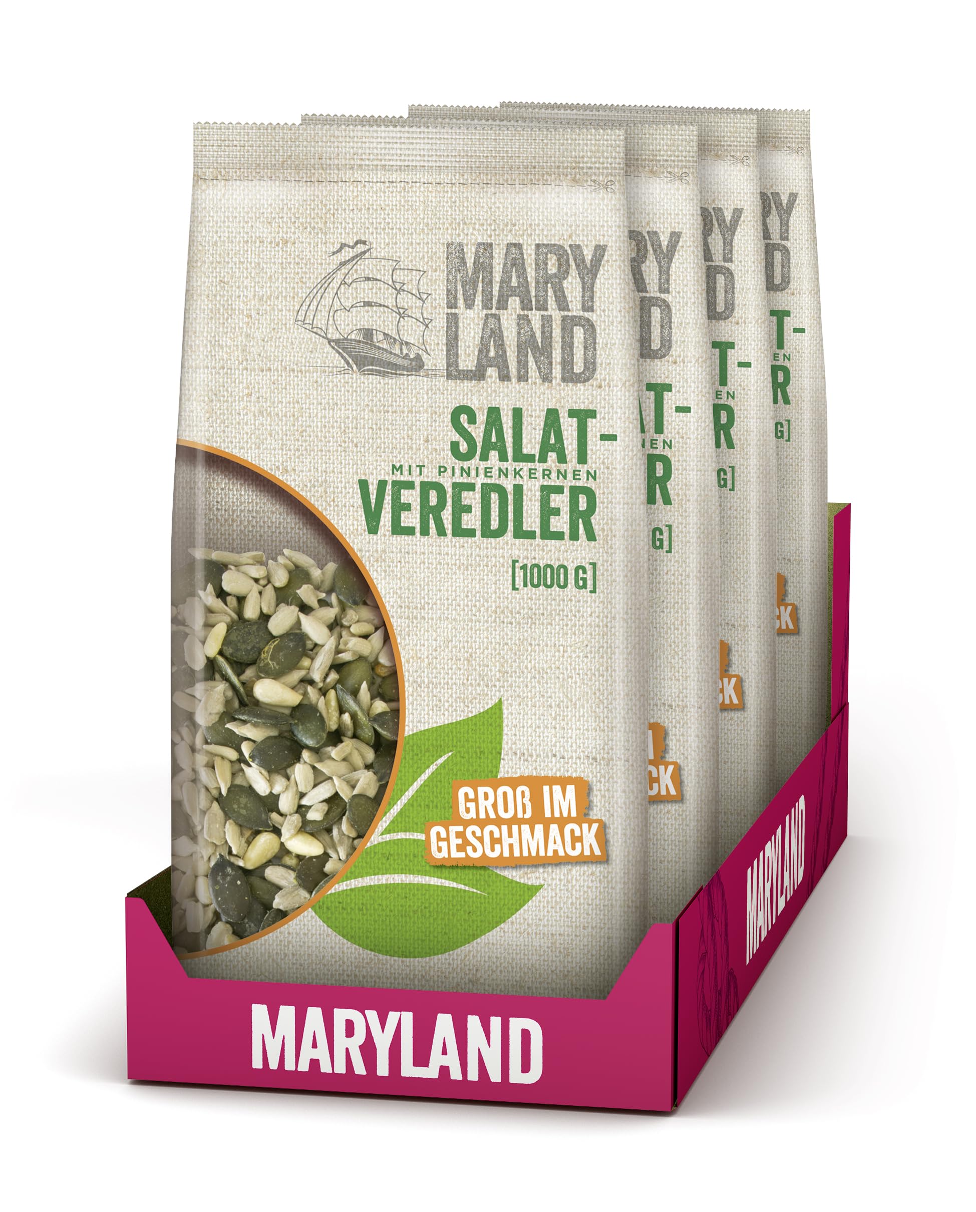 Maryland Salatveredler 1000g Vorratspackung 4er Pack – Sonnenblumenkerne, Kürbiskerne und Pinienkerne in Kerne Mischung – 100% vegan und frei von künstlichen Aromen – Im Großbeutel (4 x 1000g)