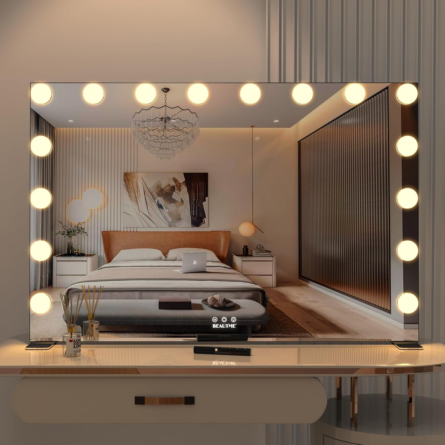 BEAUTME Large Vanity Mirror with Lights, 35.9''×24.3'' Hollywood Makeup Mirror with 16 Dimming LED Bulbs, 3 Lighting Modes, Touch Control, Tabletop or Wall Mounted, Black