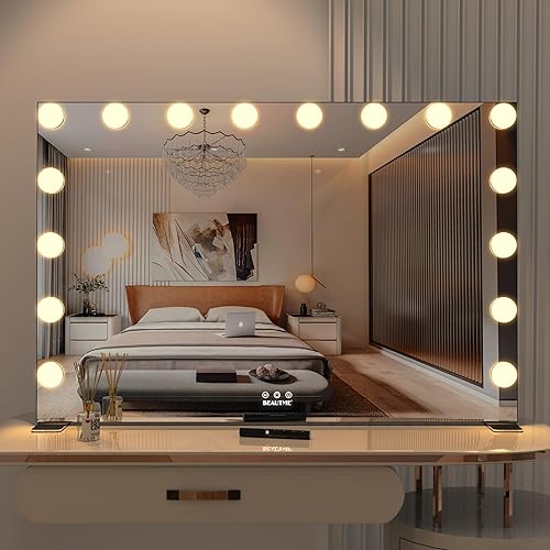 Miniatura 3 de BEAUTME Espejo de tocador grande con luces, 35.9 x 24.3 pulgadas, espejo de maquillaje Hollywood con 16 bombillas LED de atenuación, 3 modos de