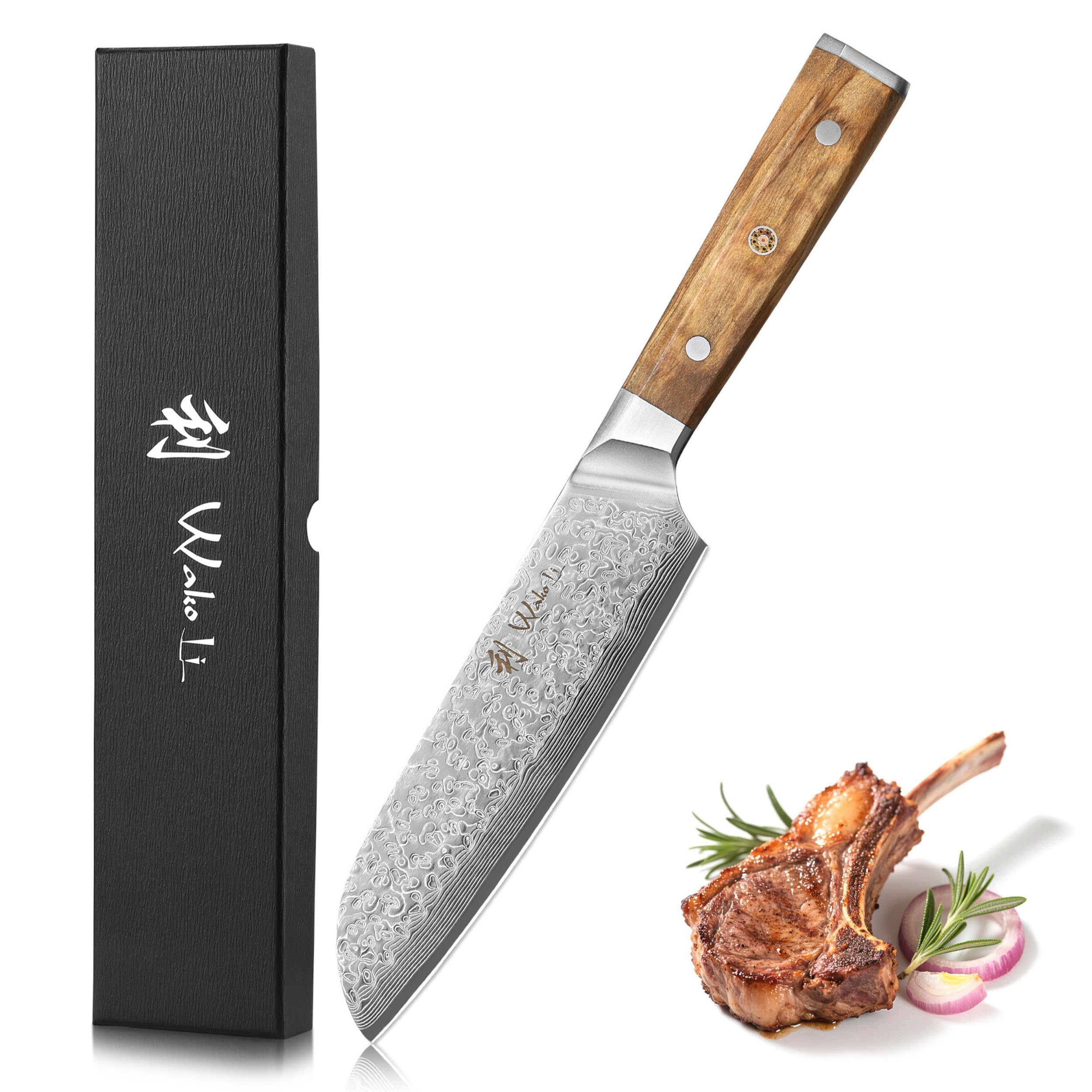 Wakoli Oribu Santokumesser 18 cm aus 67 Lagen Damaststahl mit VG10 Kern | Full Tang mit Olivenholzgriff, beidseitiger 15° V-Schliff, 60 ± 2 HRC, für Fleisch, Fisch und Gemüse, inklusive Geschenkbox