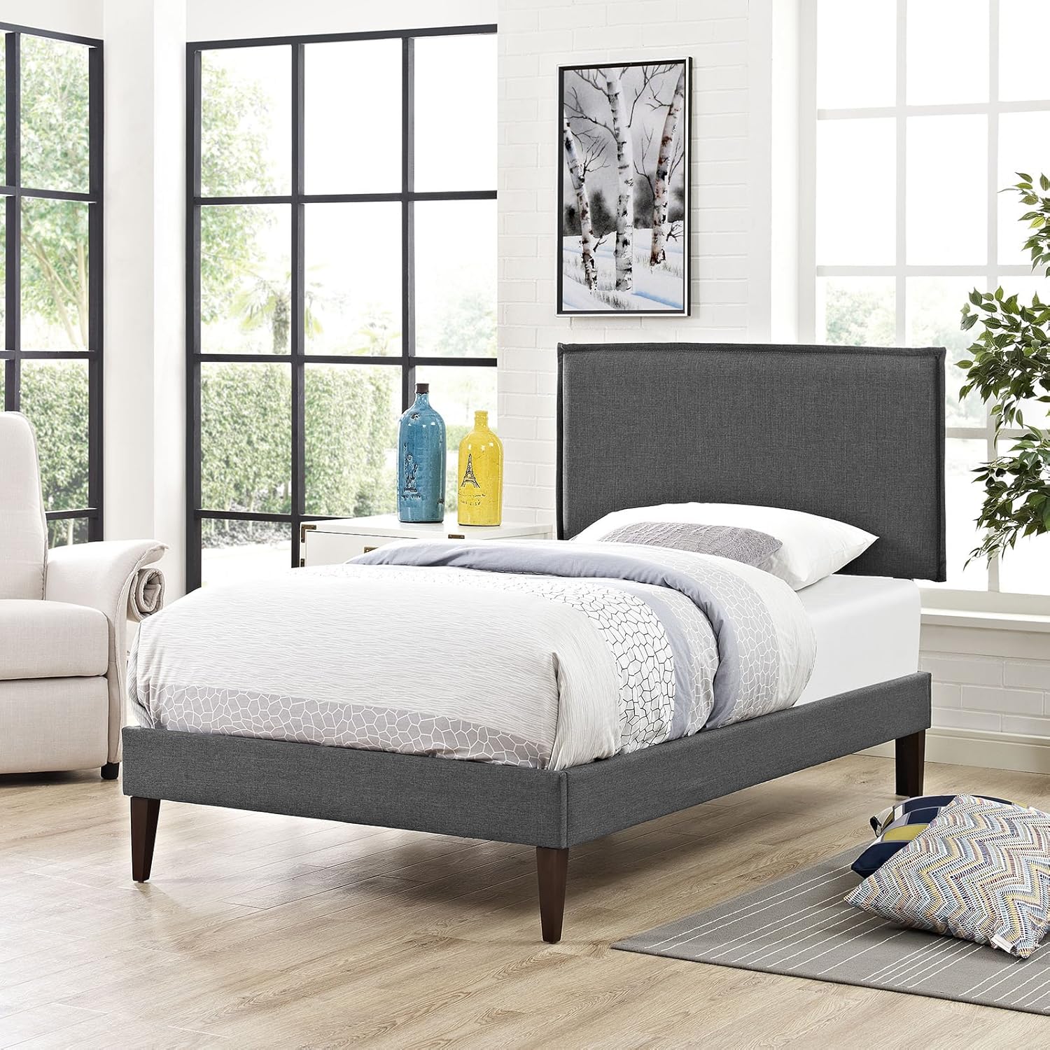 Modway Camille Queen Fabric Platform Bed with Round Splayed Legs in Gray
