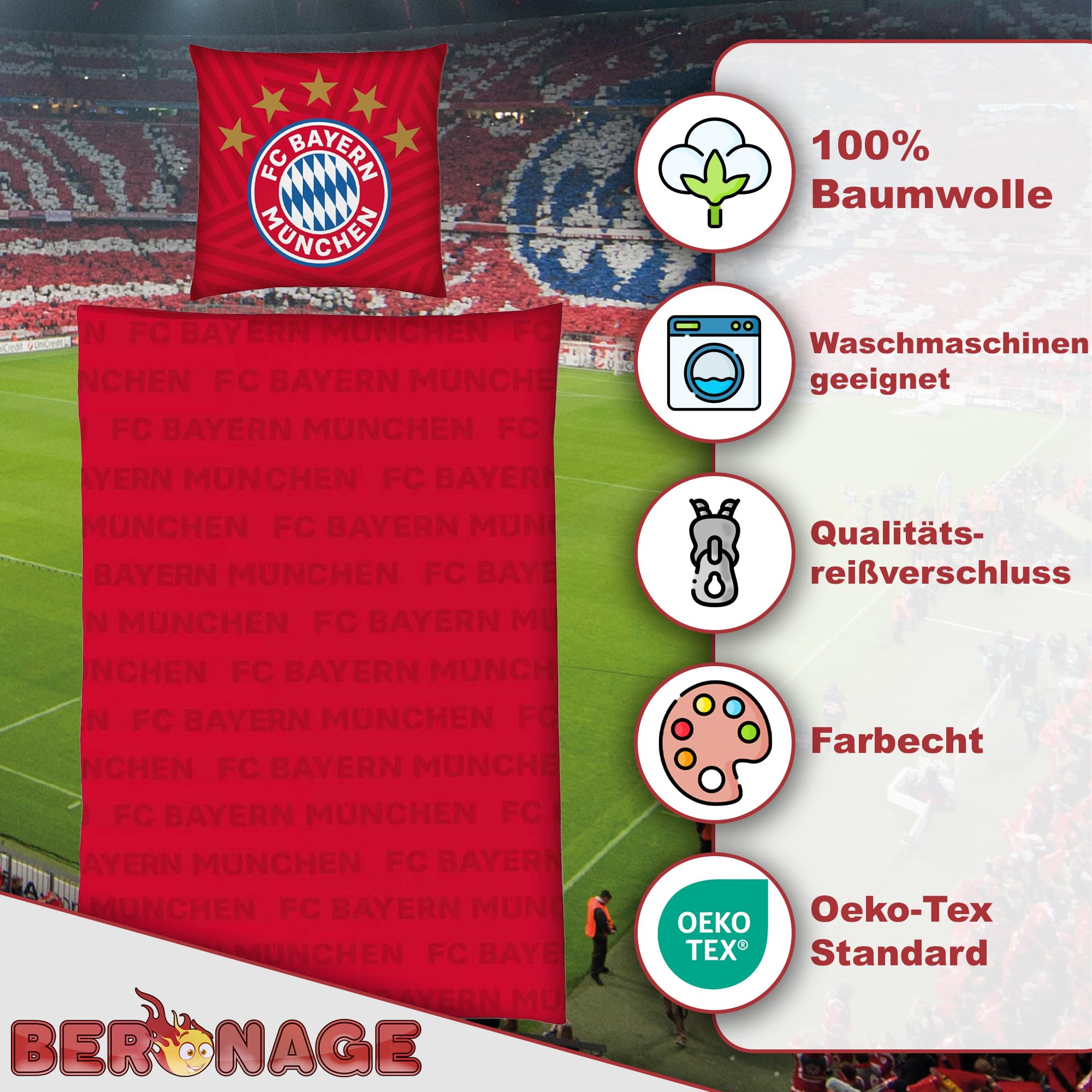 FC Bayern München Bettwäsche 5 Sterne Rot 135x200 cm + 80x80 cm 100% Baumwolle Renforcé/Linon Rekordmeister Mia san Mia Allianz Arena Fußball Fanartikel Reißverschluss Geschenkidee Kane Musiala Olise