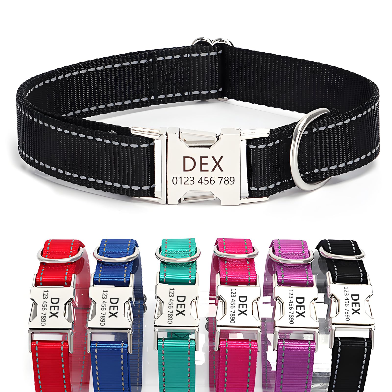 Personalized Reflective Nylon Dog Collar with Name Tag | Custom Engraved Buckle Dog Collars | Metal Buckle Adjustable XS S M L XL Pet Collar for Small Medium Large Dogs（Black） — image 1