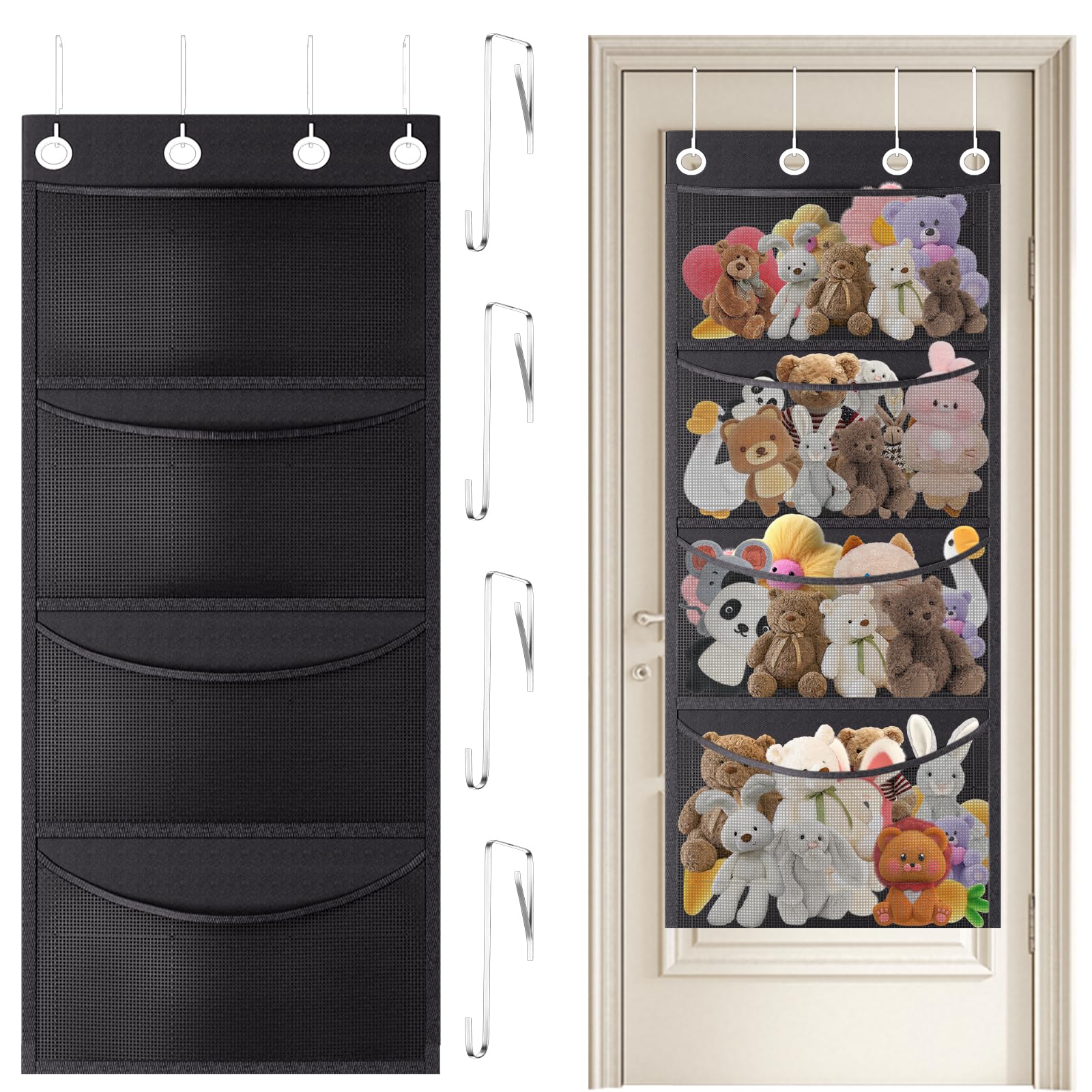 Cookmaster Stuffed Animal Storage with 4 Large Pockets, Over The Door Organizer Storage