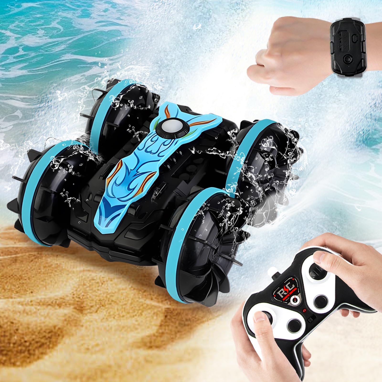 Fancysky Macchina Telecomandata, 2.4Ghz Macchina Radiocomandata Anfibia, Auto Telecomandata 4WD, Gira e Rigira a 360°, Controllo dei Gesti, Regali di Natale, Piscina, Giocattoli da Spiaggia - 2