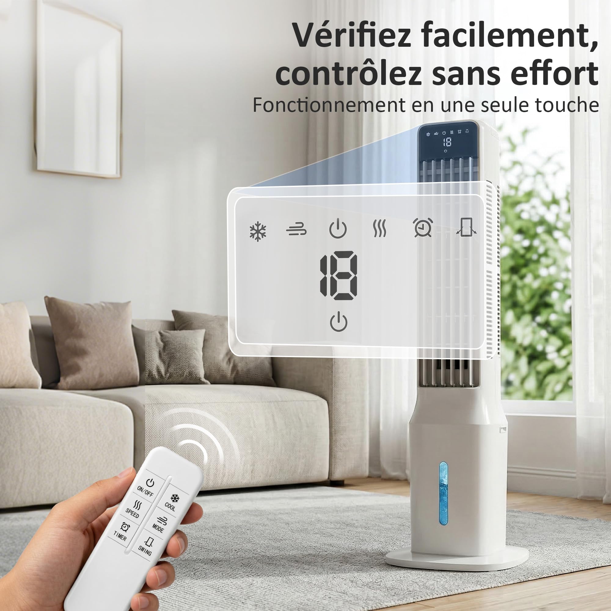 HOMCOM Refroidisseur d'Air Portable 3-en-1 Réservoir d'eau 9 Litres Blanc | Oscillation à 48°, 3 Vitesses, 3 Modes, 4 Packs de Glace, Télécommande, pour Maison, Bureau, Chambre