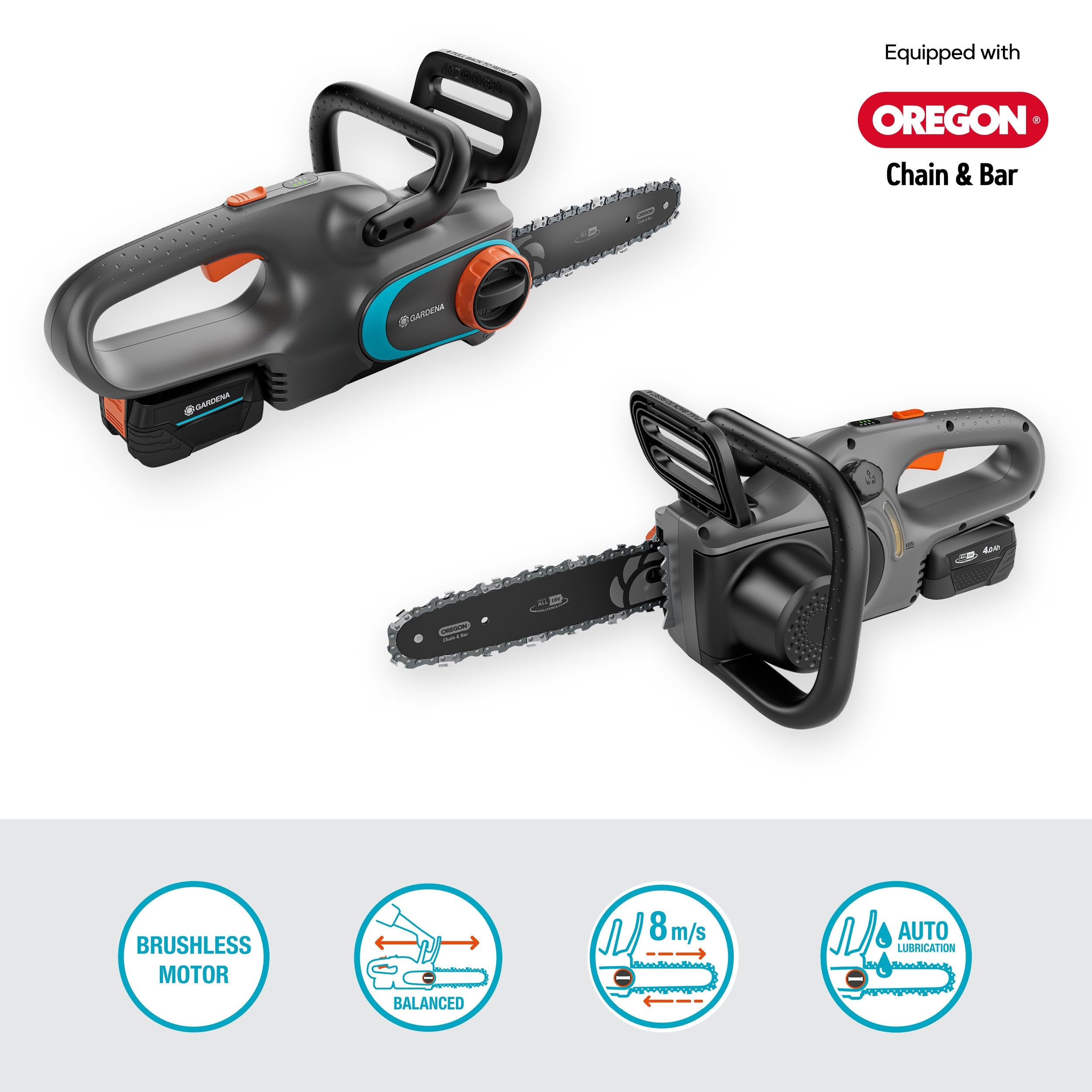 Gardena Akku-Kettensäge PowerSaw 250/18V P4A Ready-To-Use Set: Oregon Kette, Ergonomisch, Geräuscharm, Kettenbremse, Kabellos (14790-20)