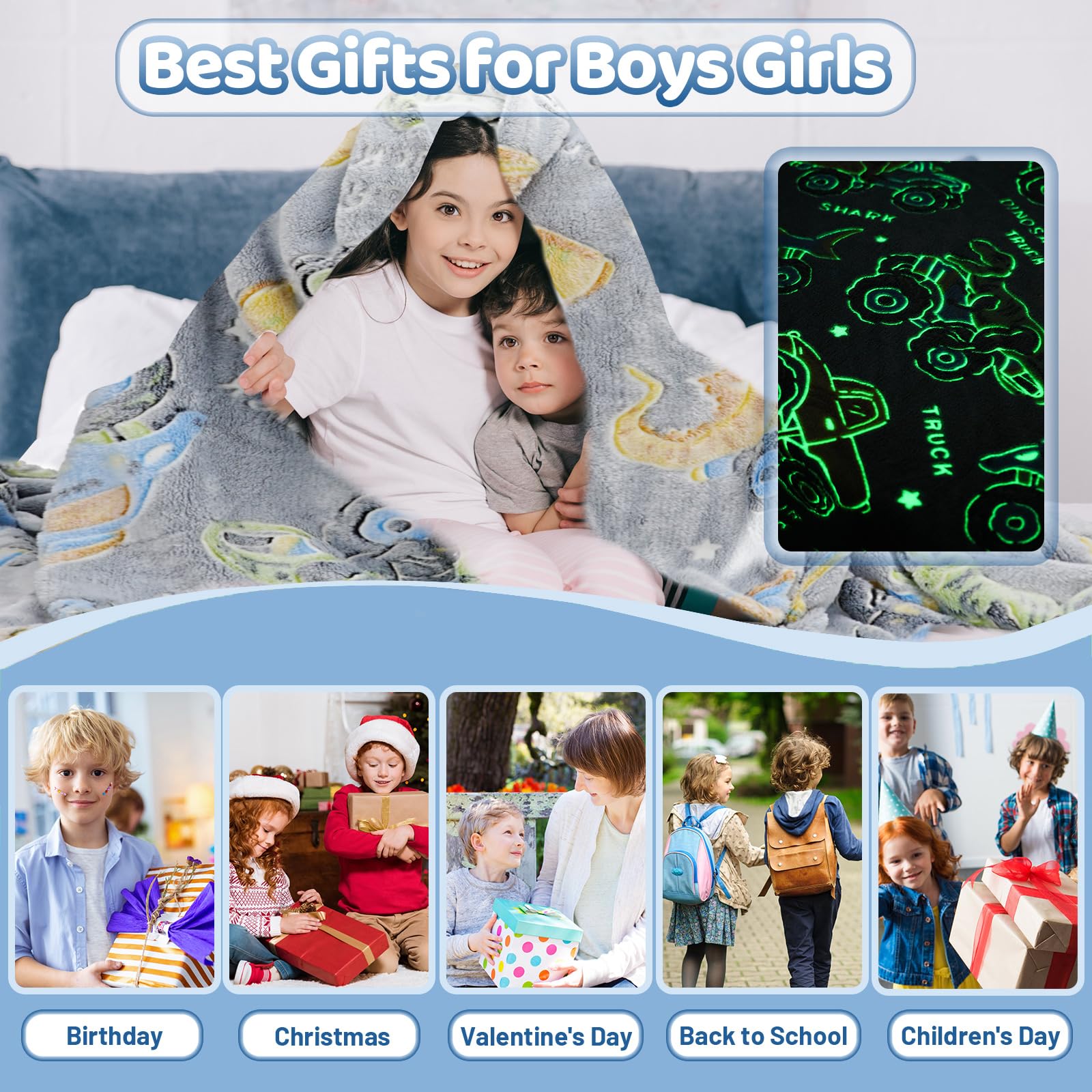 Dinosaur Toys Gifts for Boys Kids Dino Shark Truck Glow in The Dark Blanket Best Birthday Christmas Valentines Easter Presents for Age 1 2 3 4 5 6 7 8 9 10 Years Old Child Teen Soft Throw 60