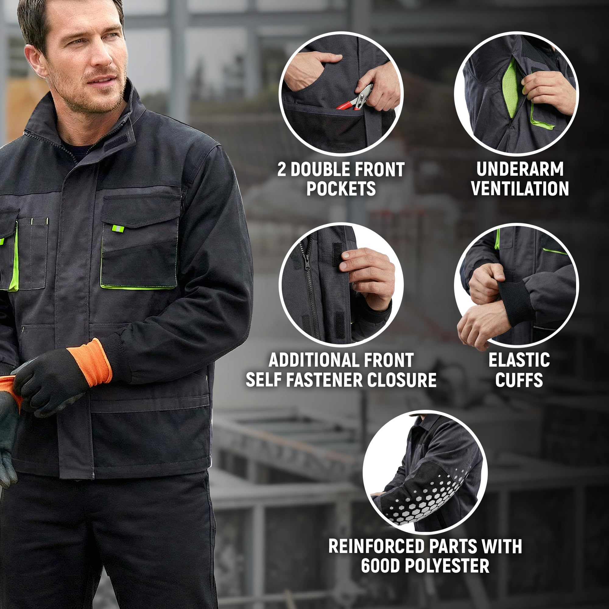 Stenso Kastor Arbeitsjacke Herren 600D Verstärkt 600D-Polyester Teile | Arbeitsjacke Herren mit 600D Verstärkungen zwei Brusttaschen Klettverschluss elastischen Bündchen 600D-Polyester Teile