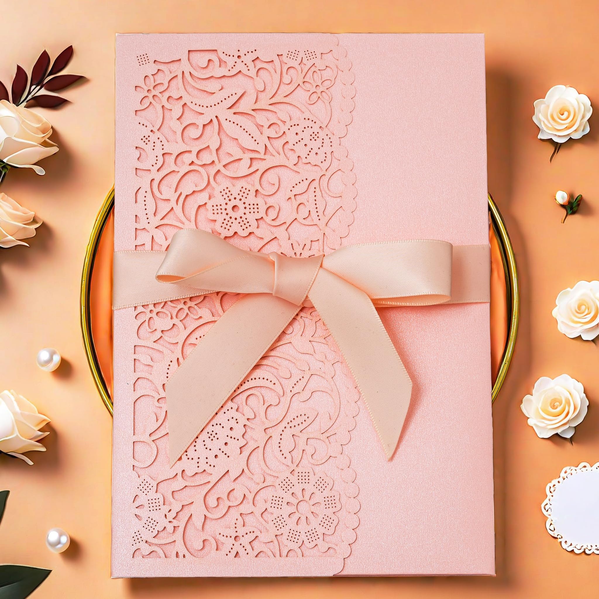 YHOTA 20 pcs Laser Cut Invitations Cards Pockets with Ribbons Floral Design for Wedding Party Bridal Shower Birthday Quinceañera Invite 5.12 by 7.24