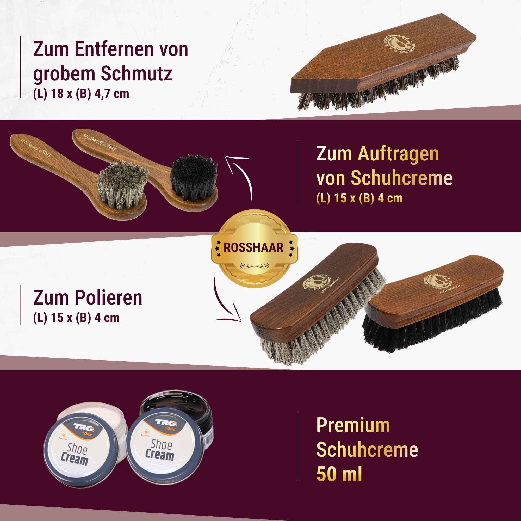 Schuhputzset Leder 9tlg Schuhputzkasten Milano I Rosshaar Schuhbürste -Tiegelbürste und extra weiche Rosshaarbürste zum polieren I Schuhbürsten Set mit Pferdehaar, Schuhpflegeset made in Germany
