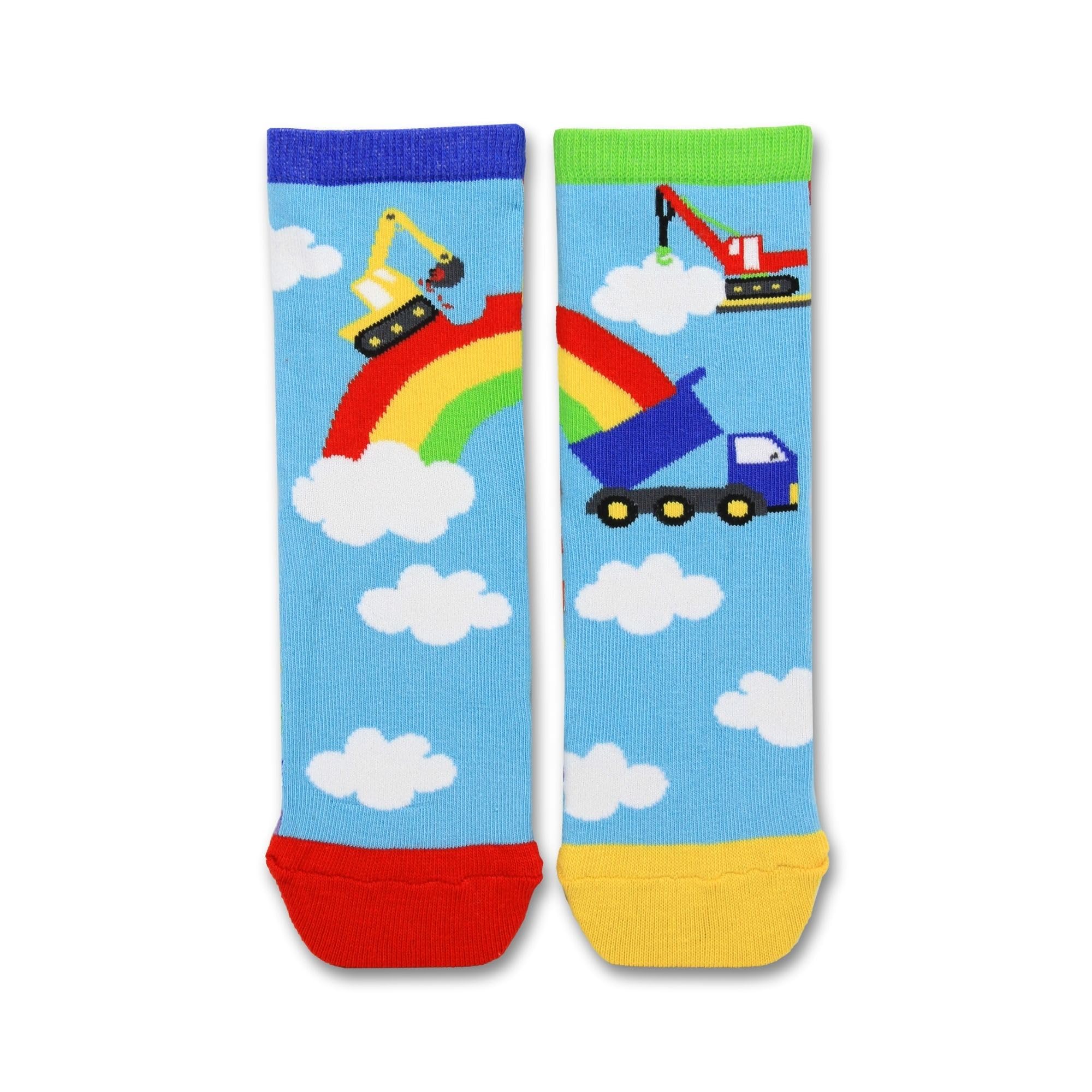 United Oddsocks Sky Odd Pair for Kids – 1 Mismatched Pair of Construction & Rainbow Socks – UK 9–12, EUR 27–30, US 9.5–13 – Colourful Cotton Rich Socks for Kids Who Love Vehicles