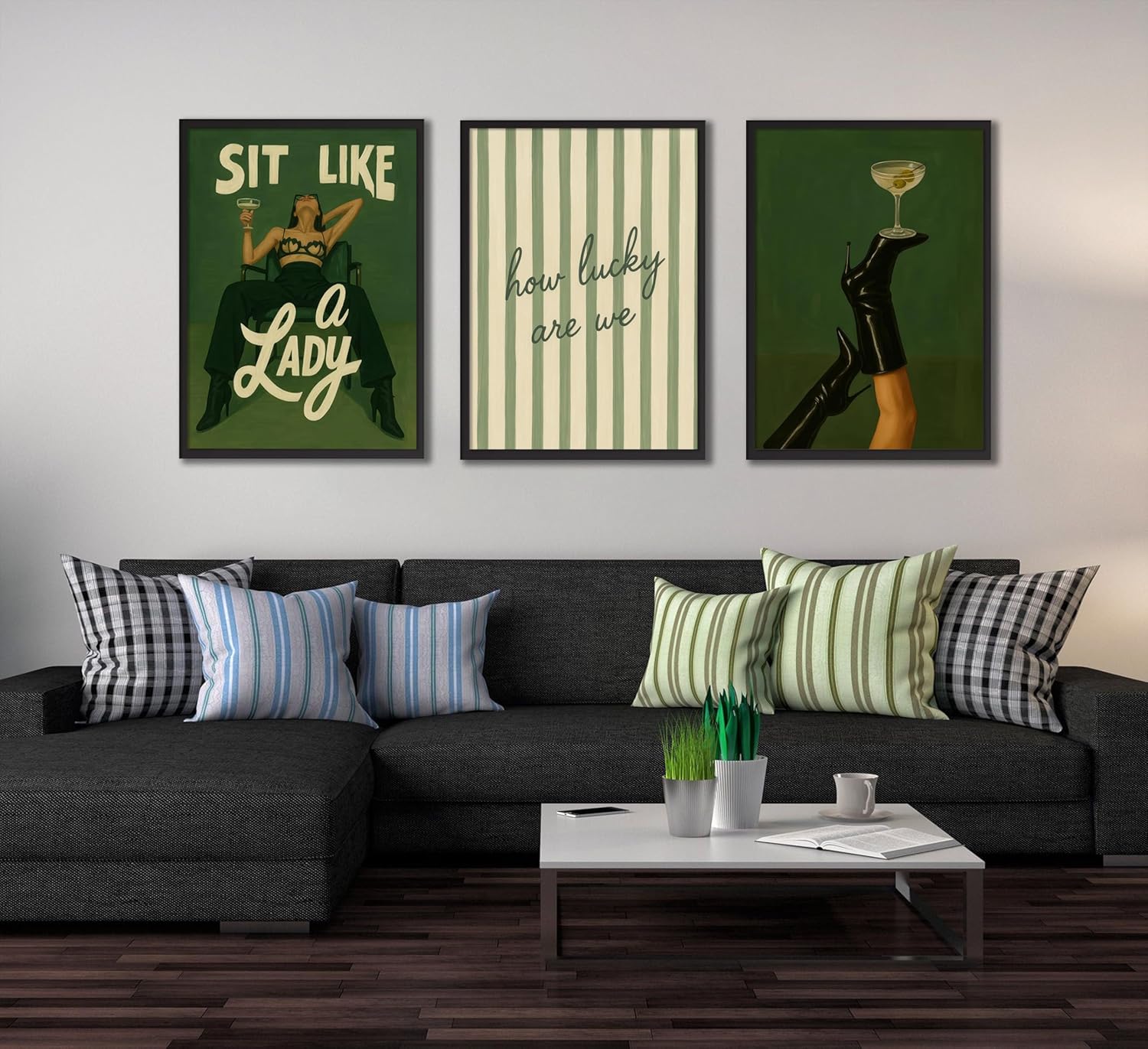 QLDENIX 3Pcs Trendy Bold Feminist Wall Art Green Vintage Funky Girl Power Poster Woman Heels Martini Canvas Wall Decor How Lucky Are We painting Picture Print artwork for Apartment bedroom,Unframed