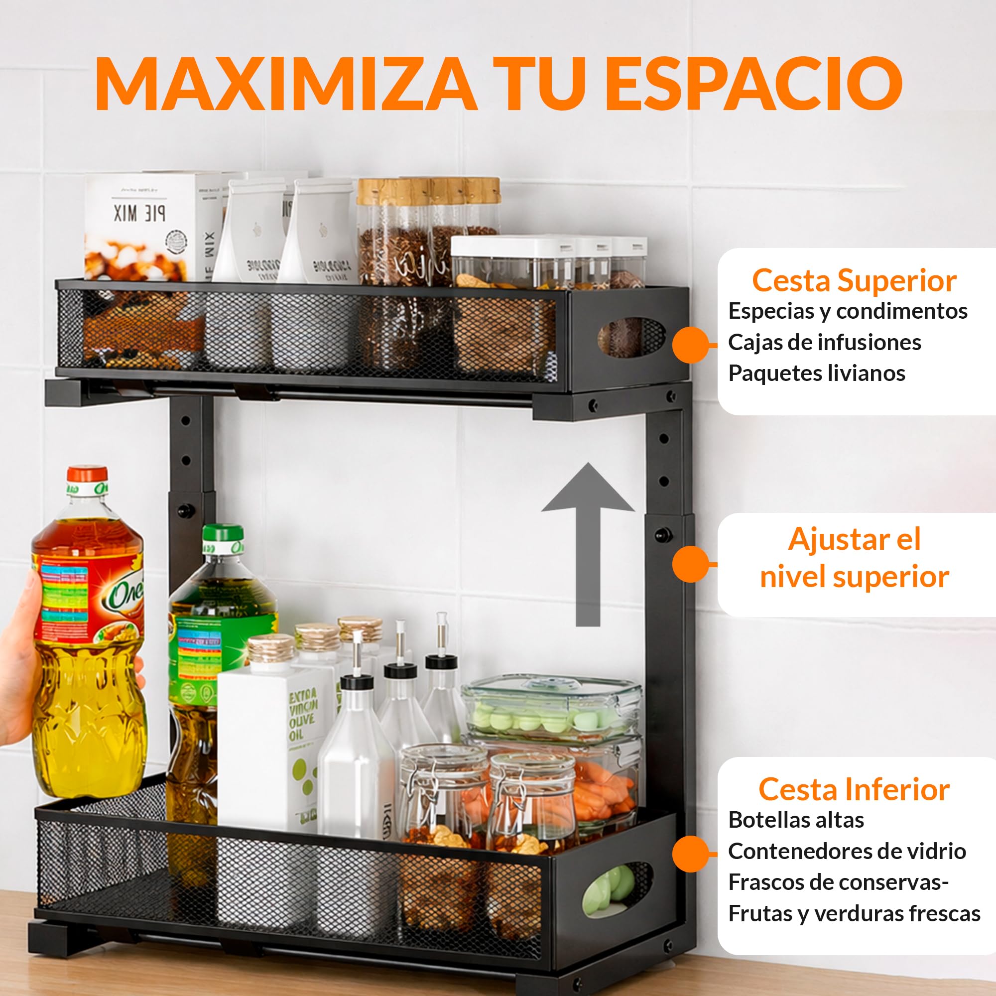 XARA Organizador Bajo Fregadero Metal Negro Pack 2 | Doble Altura, Bandejas Extraíbles