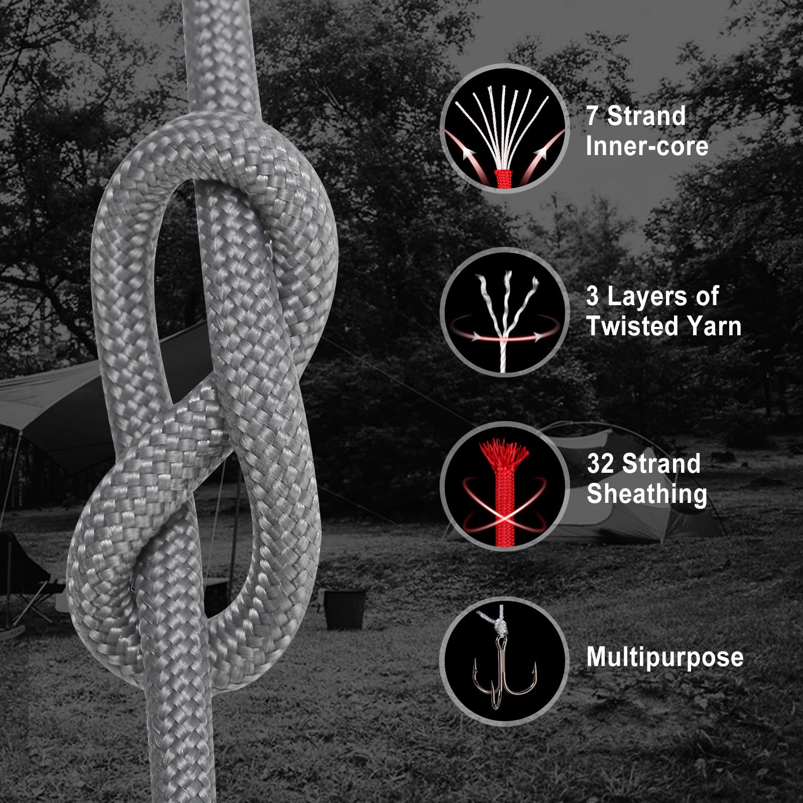 FISHLUND Reflective Paracord 550 Lb, 7 Strand Type III Paracord Rope 100ft 4mm High Strength Nylon Parachute Cord Camping Survival Fishing Tactical Hi