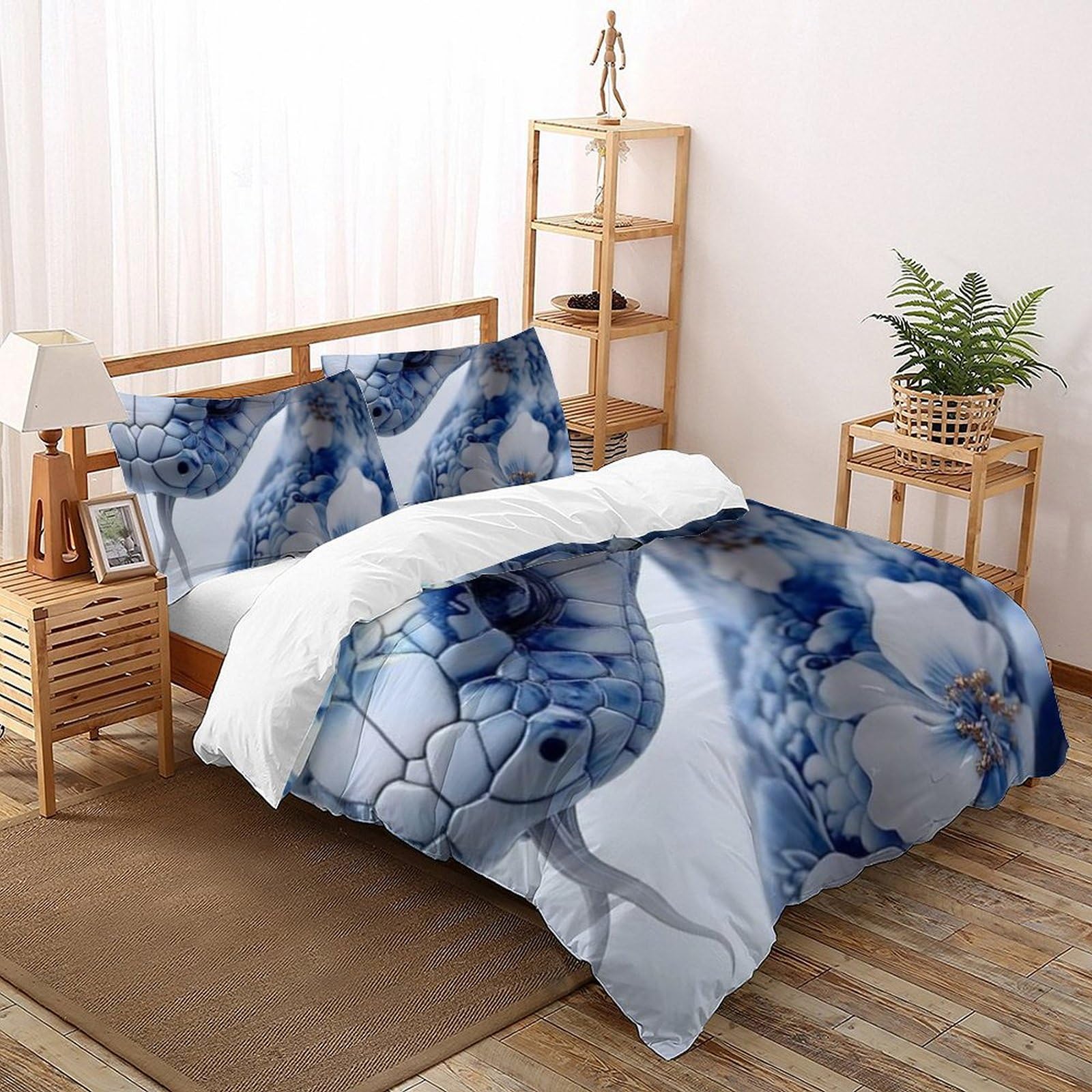 Parure de lit serpent bleu et blanc housse de couette king microfibre