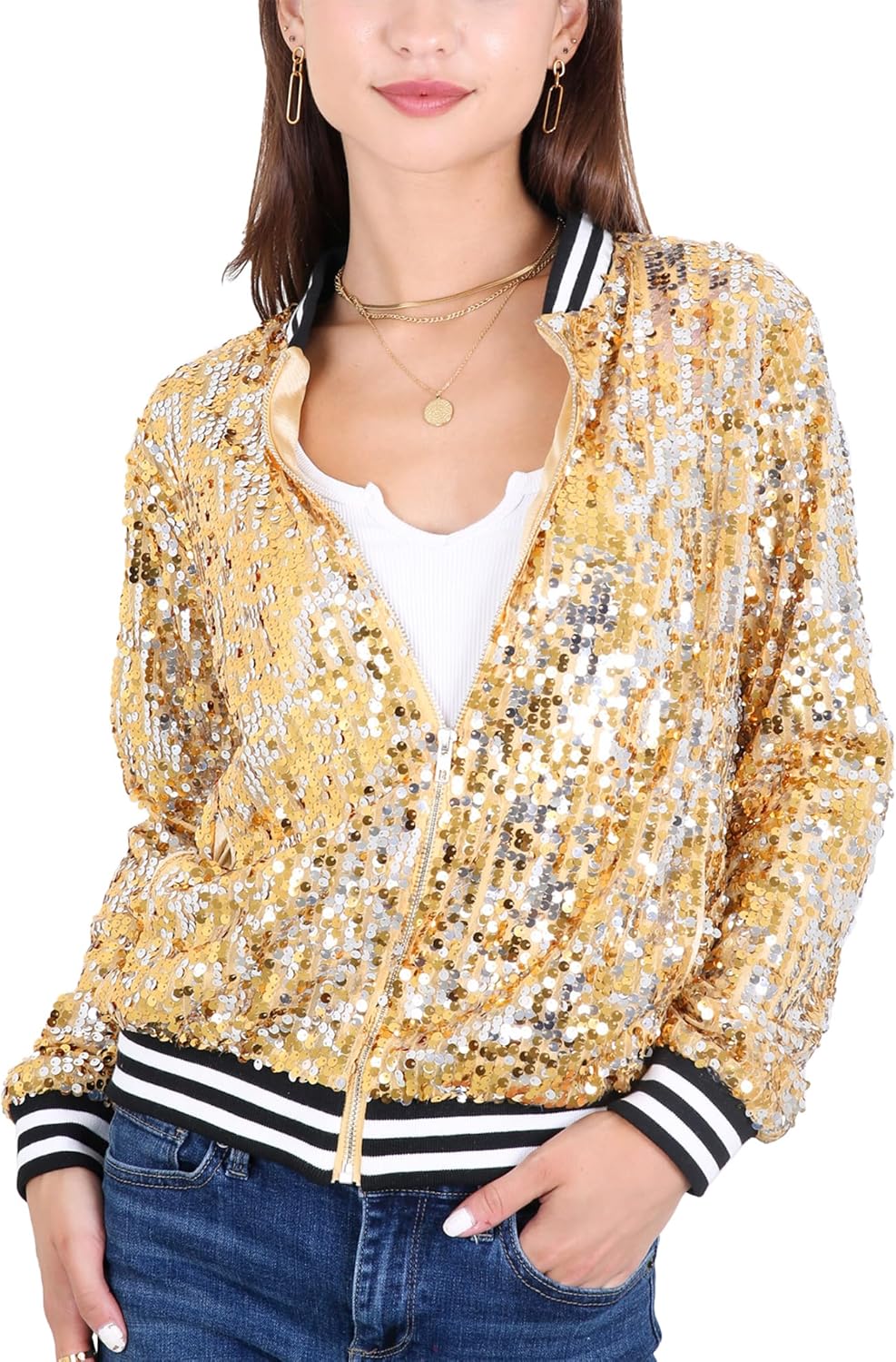 Anna-Kaci Womens Sequin Jacket Sparkle Long Sleeve Front Zip Casual Blazer Bomber Jacket With Pockets