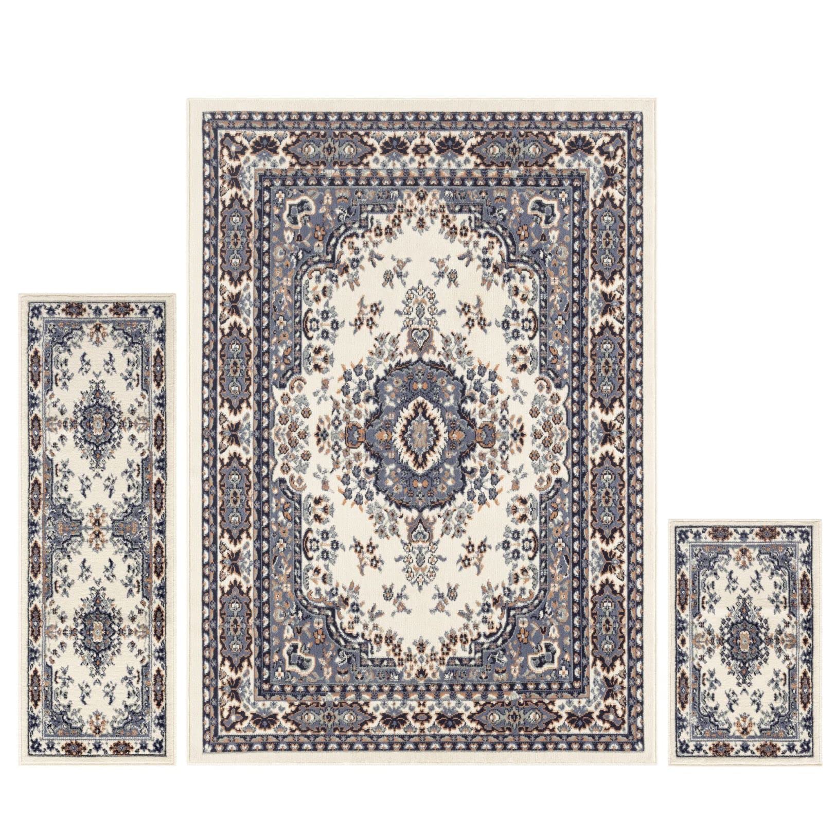Home DynamixAriana Ksara Traditional Medallion 3-Piece Area Rug Set, Ivory/BlueOEKO-TEX STANDARD 100