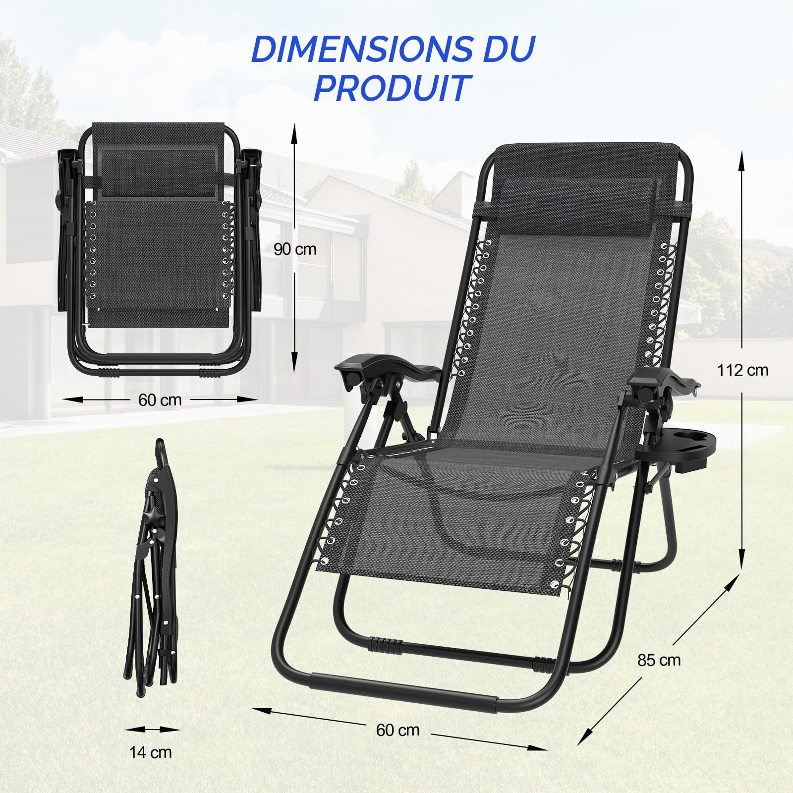 Fauteuil Relax avec Poche Latérale, Chaise Longue Pliable Extra Large en Textilène, Multiposition avec Dossier Réglable et Accoudoirs, Transat Portable Zéro Gravité pour Jardin-Plage-Camping, Noir