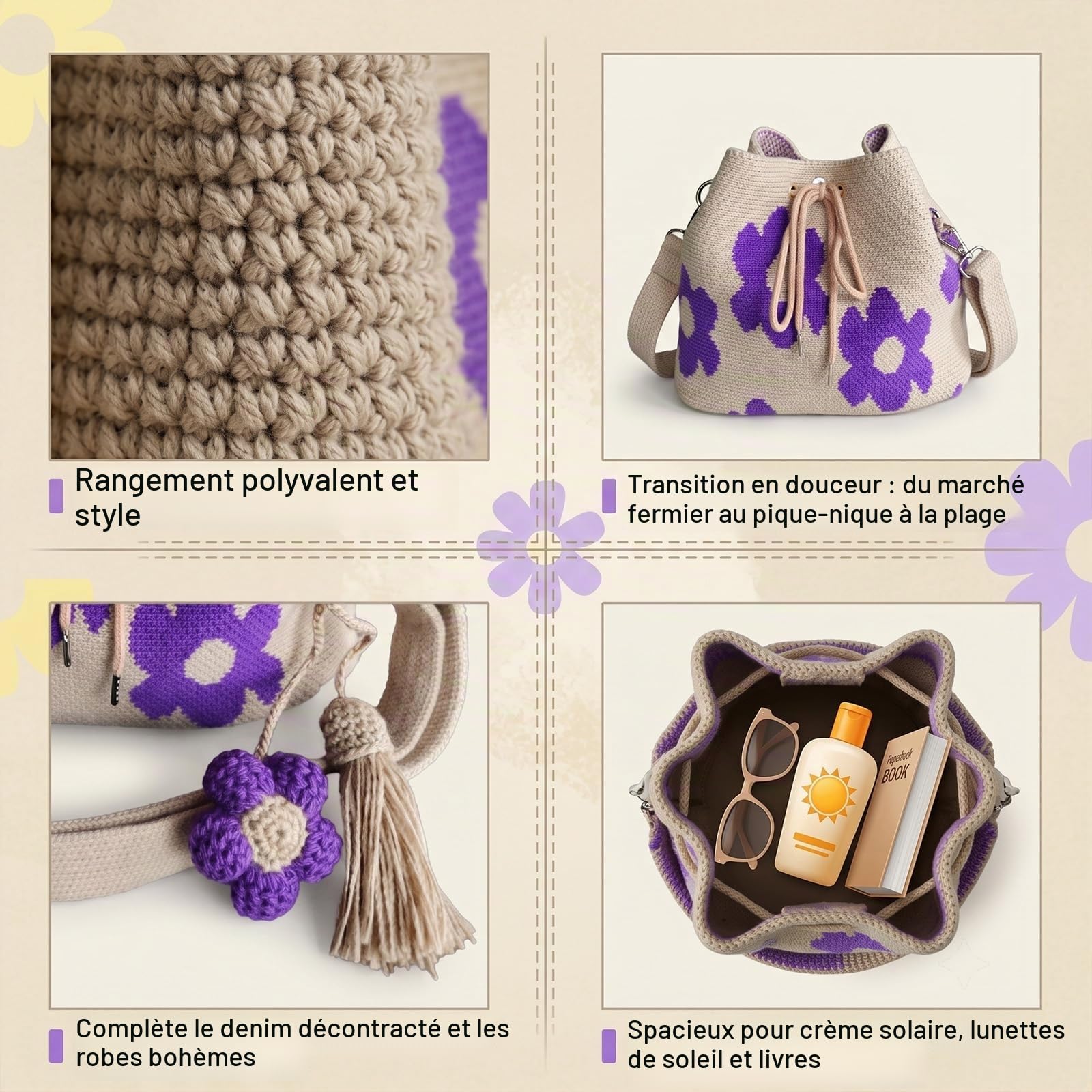 Sac fourre-tout à fleurs en crochet fait à la main, sac à bandoulière en maille beige renforcée avec charme floral, vacances d'été à la plage et marché fermier, marché de grande capacité(Style E)
