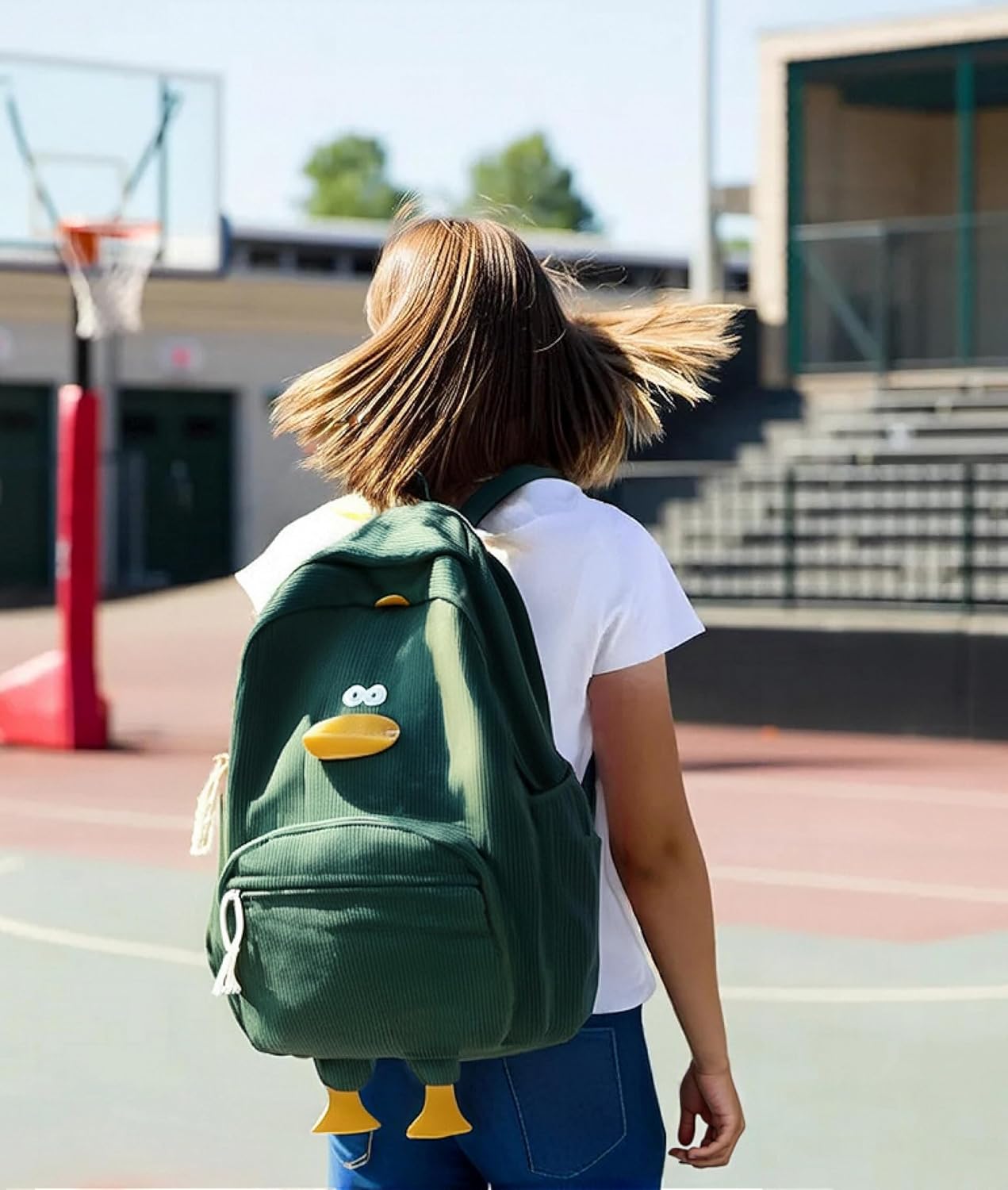 Cute Dcuk Backpack for Teens Girls Women, Kawaii Funny Aesthetic Corduroy Bookbag for High Middle School, Green - Image 4