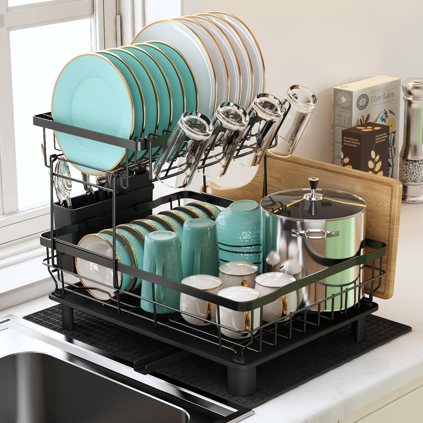 MAJALiS Dish Drainer Rack Over Sink Dish Drainer Rack Kitchen Knife Stand Chopsticks Stand Automatic Drain Air Dry Easy Assembly, 2 Tiers Black (L x W x H): 16.9 x 12.8 x 13.0 inches (42.9 x 32.5 x 33 - Image 7 thumbnail