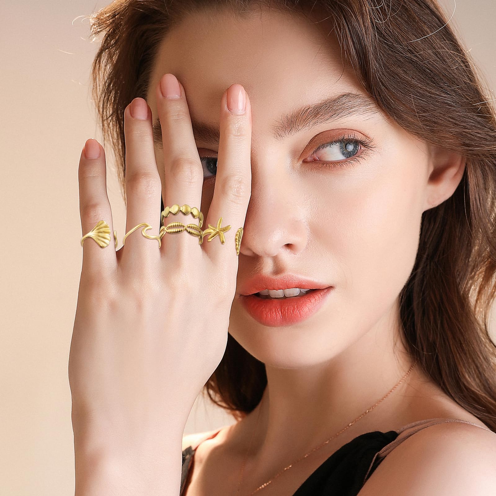 5 Stück Goldene Sommer Ringe Ocean, Seestern Muschel Ring Welle Gold Wasserfest, Muschel Ringe Gestapelt, Ginkgo Blatt Ring Edelstahl, Halb Offener ringen Sommer Schmuck Gold für Frauen und Mädchen