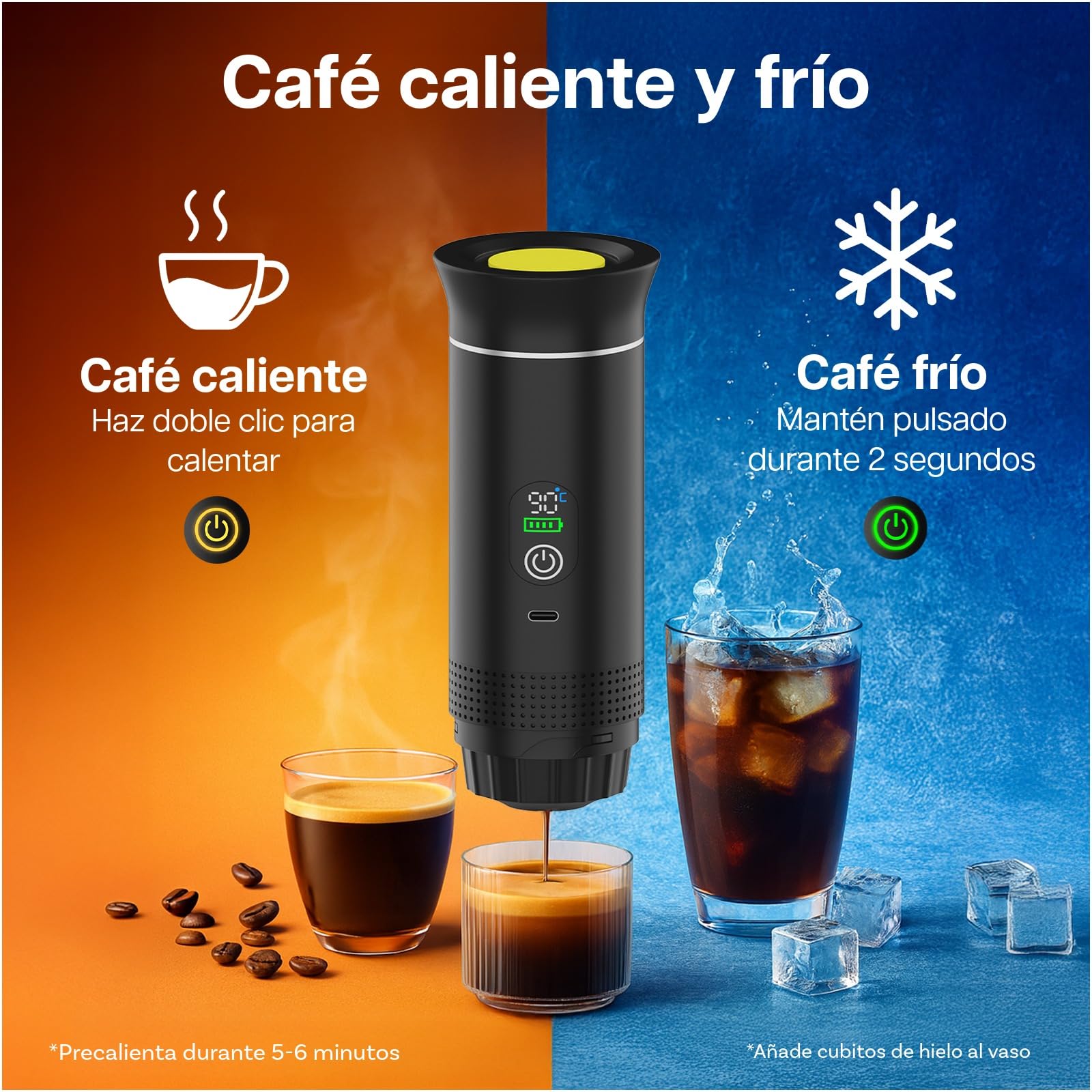MMOBIEL Cafetera Portátil Máquina de Café Espresso Eléctrica con Base Antideslizante, Auto-Calentable & USB-C – Compatible con Café Molido & Cápsulas para Viaje, Camping, Hogar, Coche, Oficina