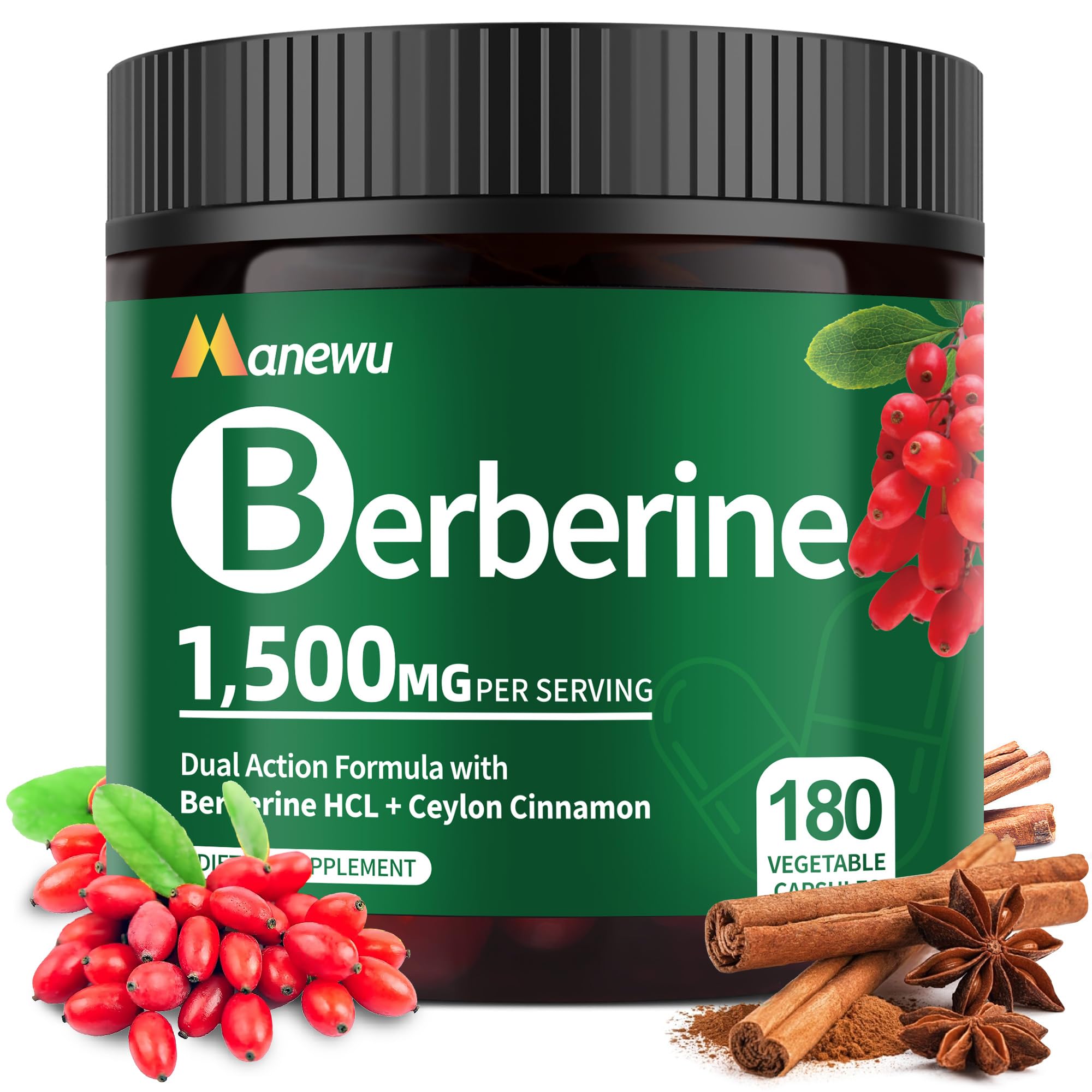 Organic Berberine Supplement - 180 Count Berberine with Ceylon Cinnamon & Citrus Bergamot,Cinnamon Supplements,Berberine 1500mg Complex, 3-Month Supply