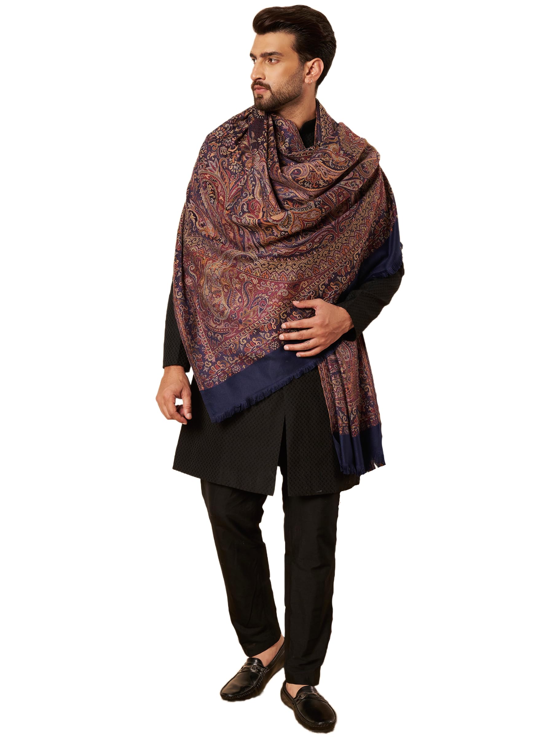zamour Men's Soft Warm Faux Pashmina Jacquard Woven Jamawar Mughal Shawl-picture-30