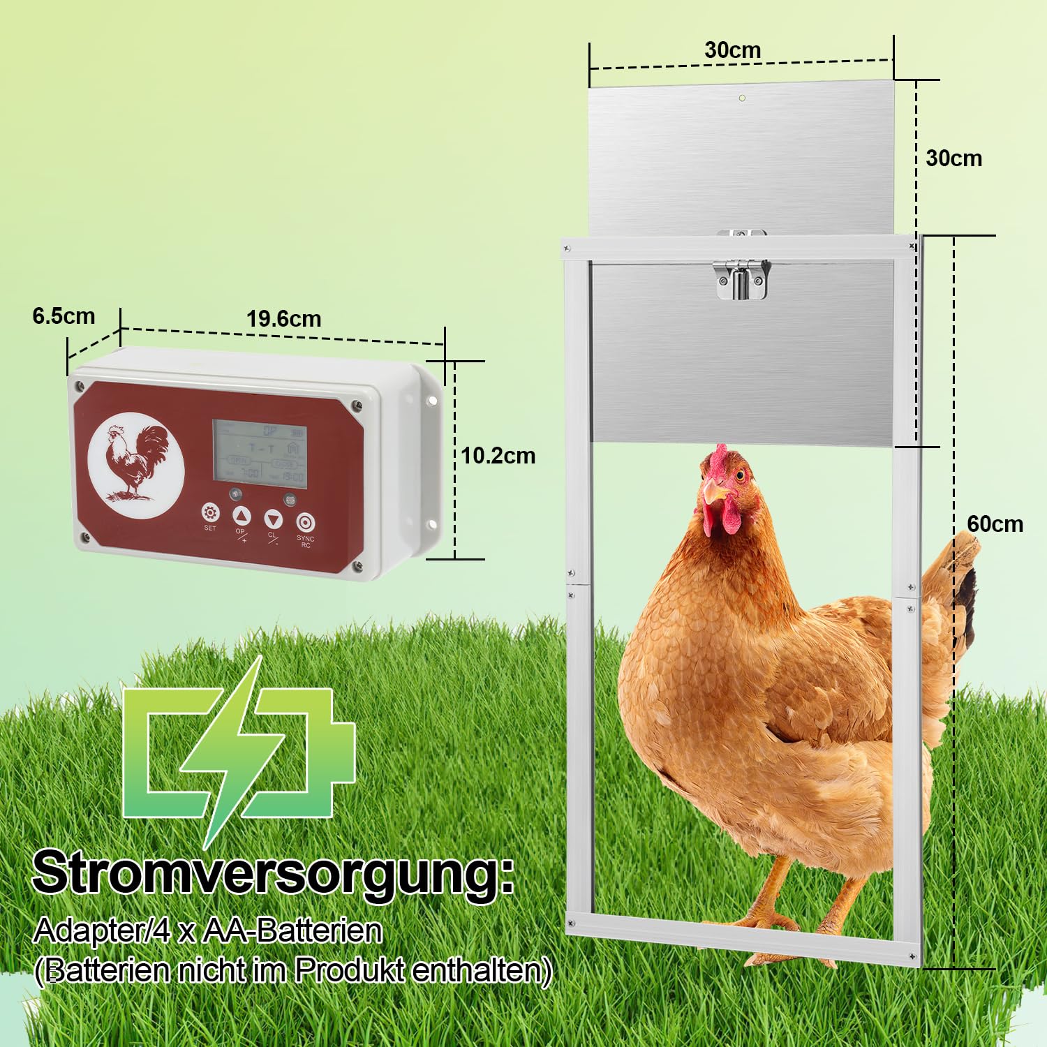 Automatische Hühnerklappe, Aluminum Lichtsensor Elektrische Hühnertür mit Großes Display, Timer, Einklemmschutz, Fernbedienung, Türöffner 30x30cm, Wasserdicht IP44