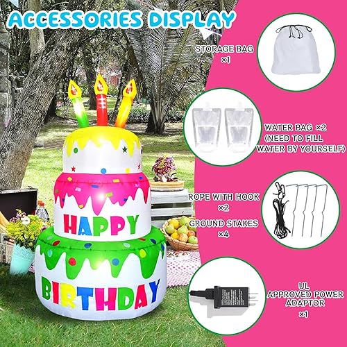 Miniatura 3 de DearSun Pastel inflable de cumpleaños de 4 pies de alto, pastel de cumpleaños inflable con velas iluminadas, 6 luces LED en el interior para