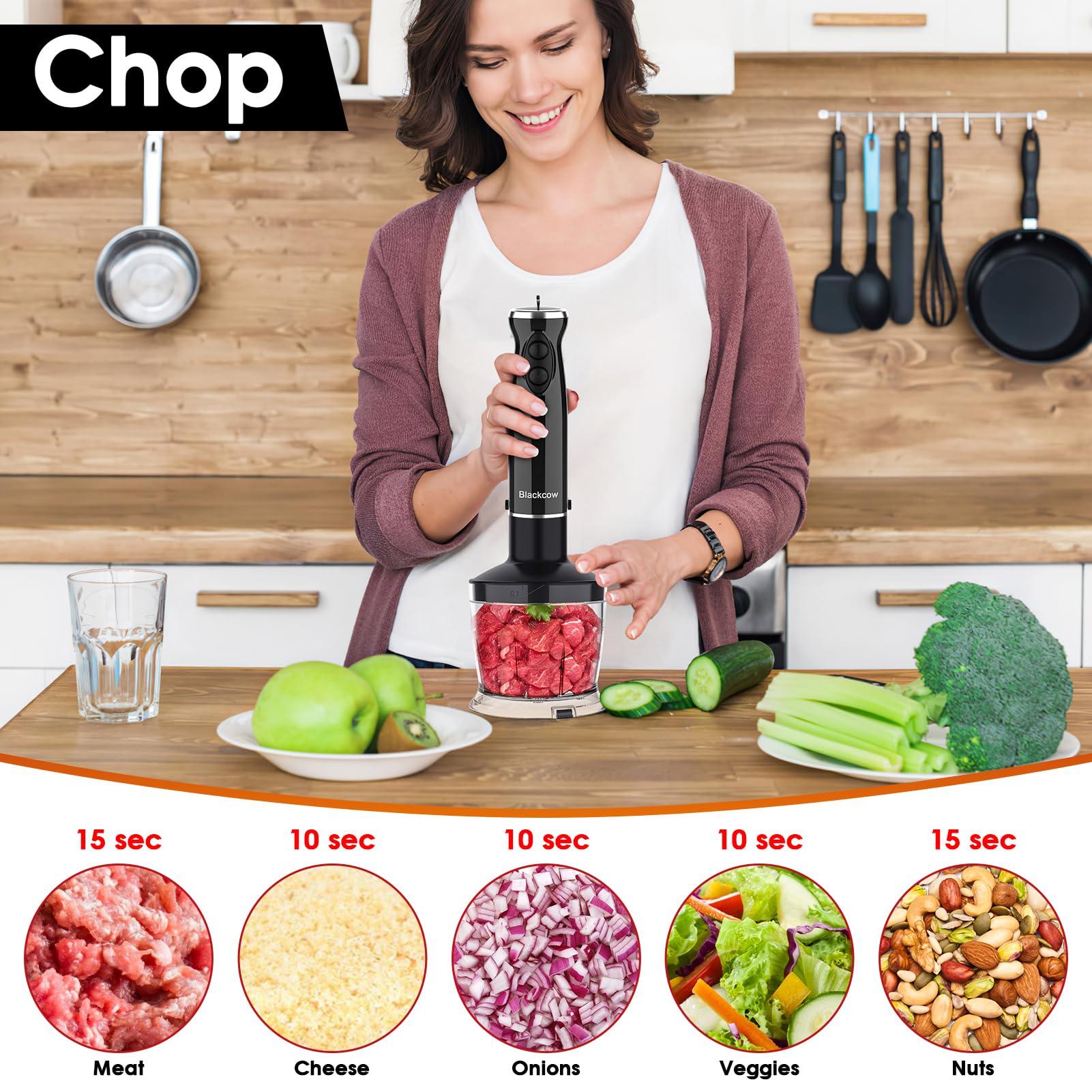 Blackcow - Juego de licuadora de inmersión de mano, licuadora de mano 500 W, 12 velocidades 5 en 1 para cocina, cuchillas de acero inoxidable 3D para sopa, procesador de alimentos para bebés, batidor,