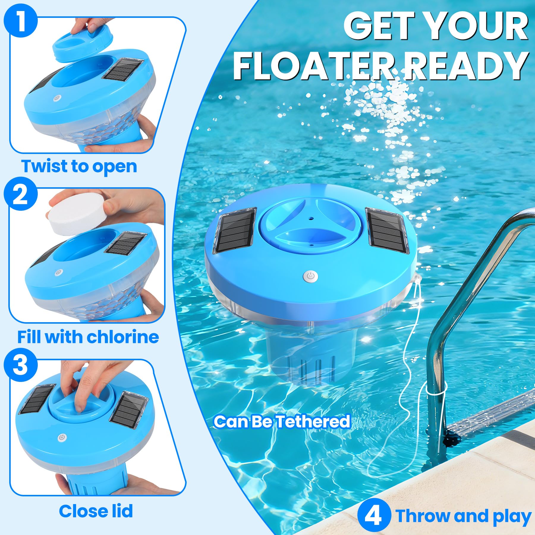 AearKing 2026 Dispenser Cloro Piscina, 5 * 3" Grande Fontana Solare Galleggiante con Luci, Distributore Cloro Piscina con Controllo a Pulsante, Regolabile Dosatore Cloro per Piscina, Spa