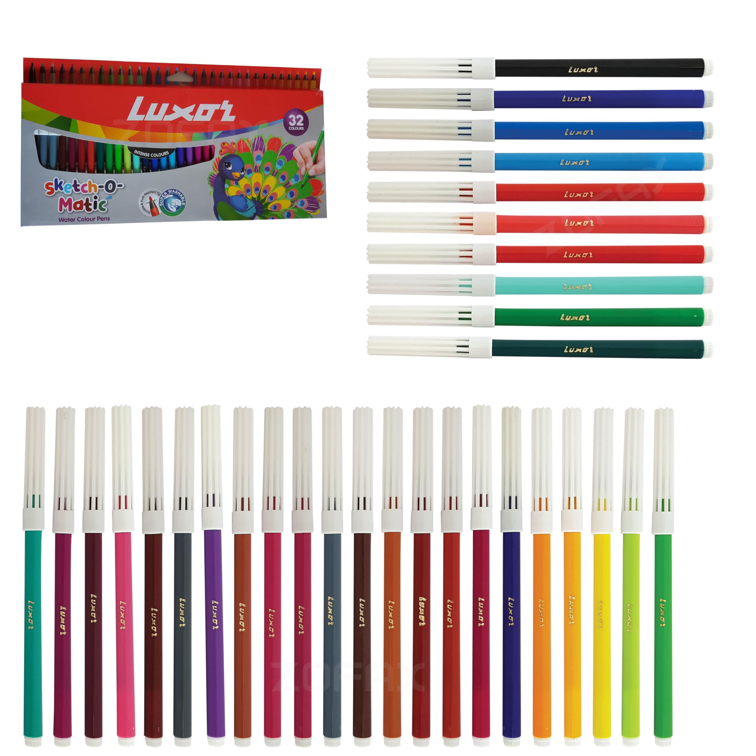 LUXOR Felt Tip Pens, MULTICOLOUR, Fibre Point, Pack of 32, Colour Draw Sketch Line Write Mark, Perfect School Office Home Use, ZOFAX Black Ball Pen