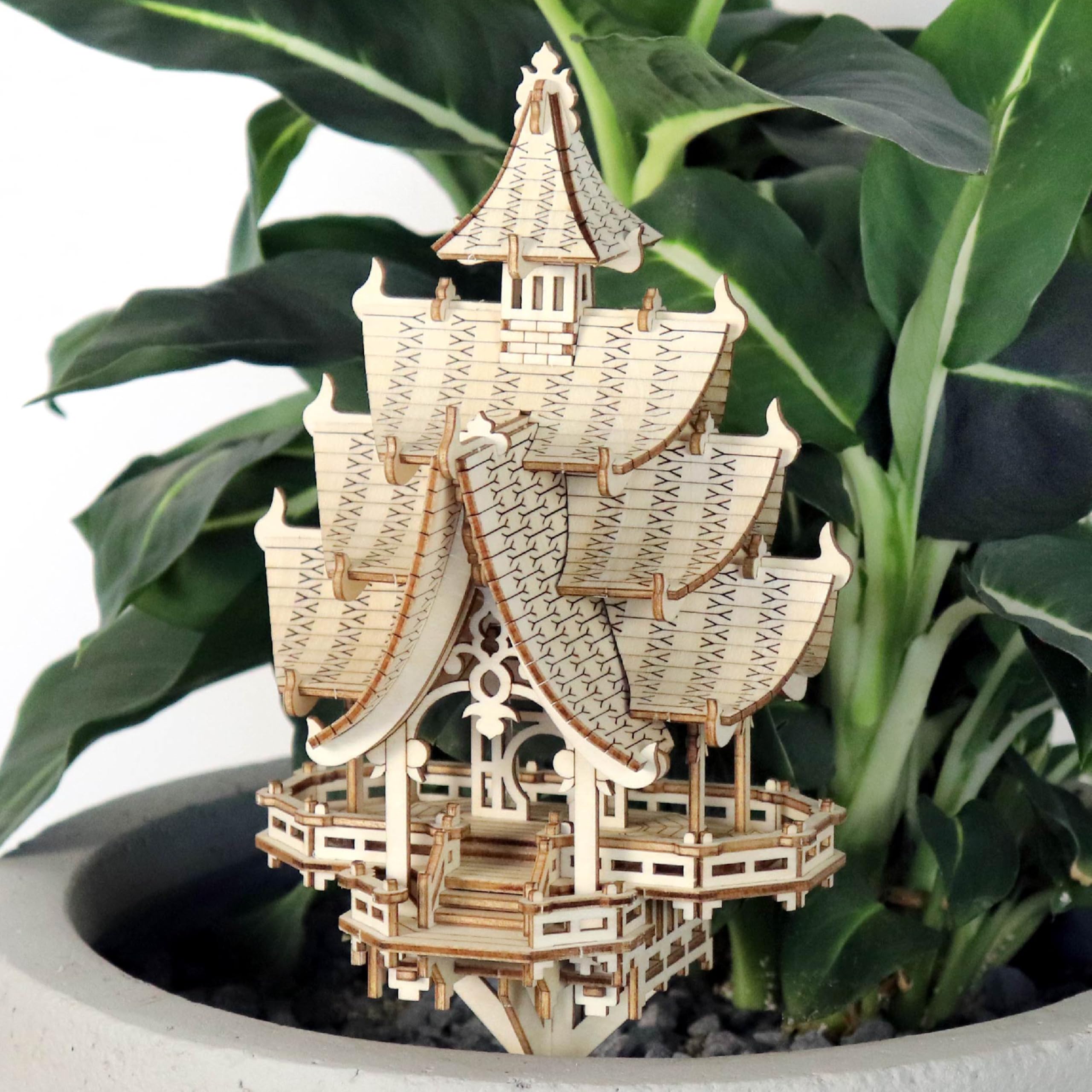 Temple of Joy 3D Wooden Puzzle for Adults - Includes LED Lights, Acrylic Stake, and Assembly Tools, DIY Kit for Home or Plant Decor, 83 Pieces (Battery not Included) by Tiny Tree Houses