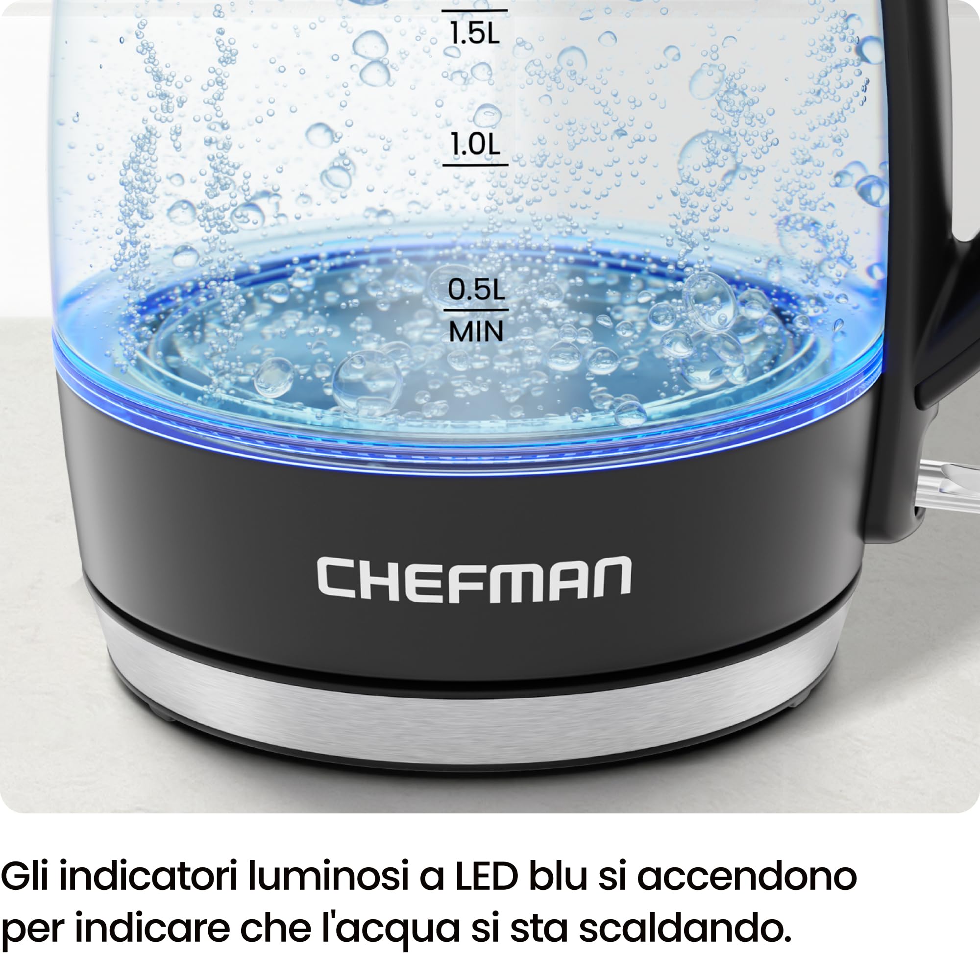 Chefman Bollitore Elettrico 1,8L 2200W, Spegnimento Automatico | Coperchio rimovibile, protezione bollitura a secco, filtro in acciaio inox