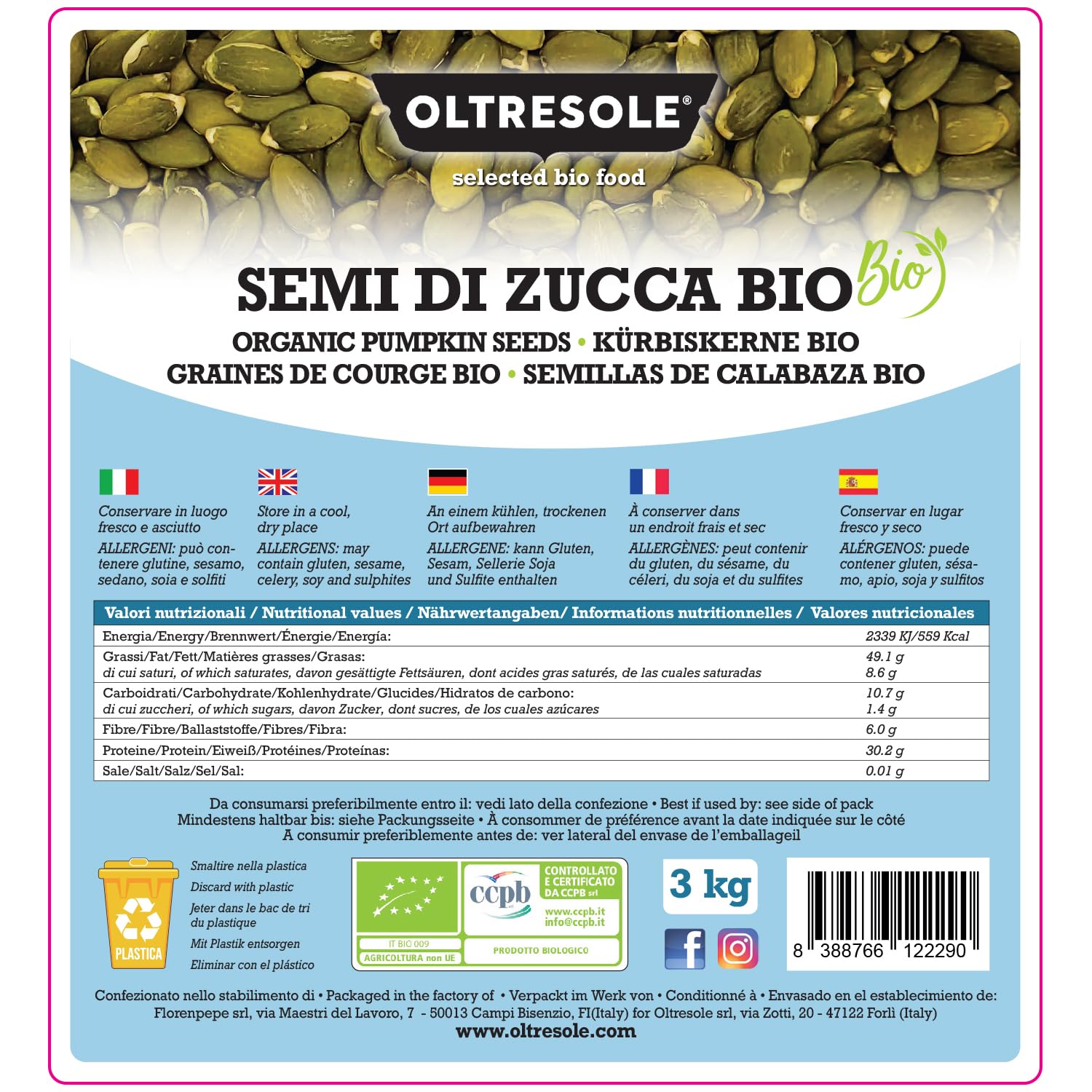 Oltresole | Graines de Courge Décortiquées Bio Sans Sel non Grillées | 3kg | Graines Oléagineuses Crues | Riches en Protéines, Fibres et Zinc | Idéales pour Snack et Salades | Format Familial