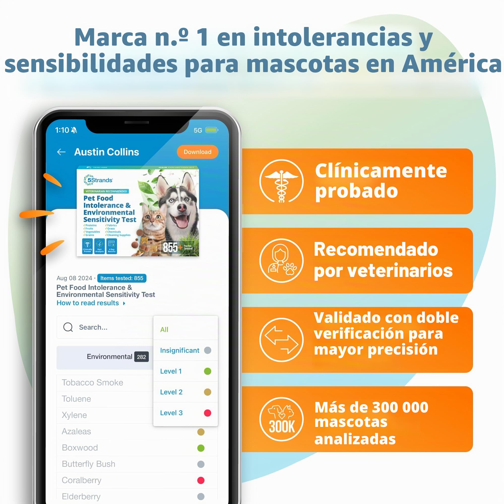 5Strands Prueba de intolerancia ambiental y alimentos para mascotas, prueba de sensibilidad en casa para perros y gatos, 412 artículos probados, control de salud de mascotas, resultados rápidos de 5