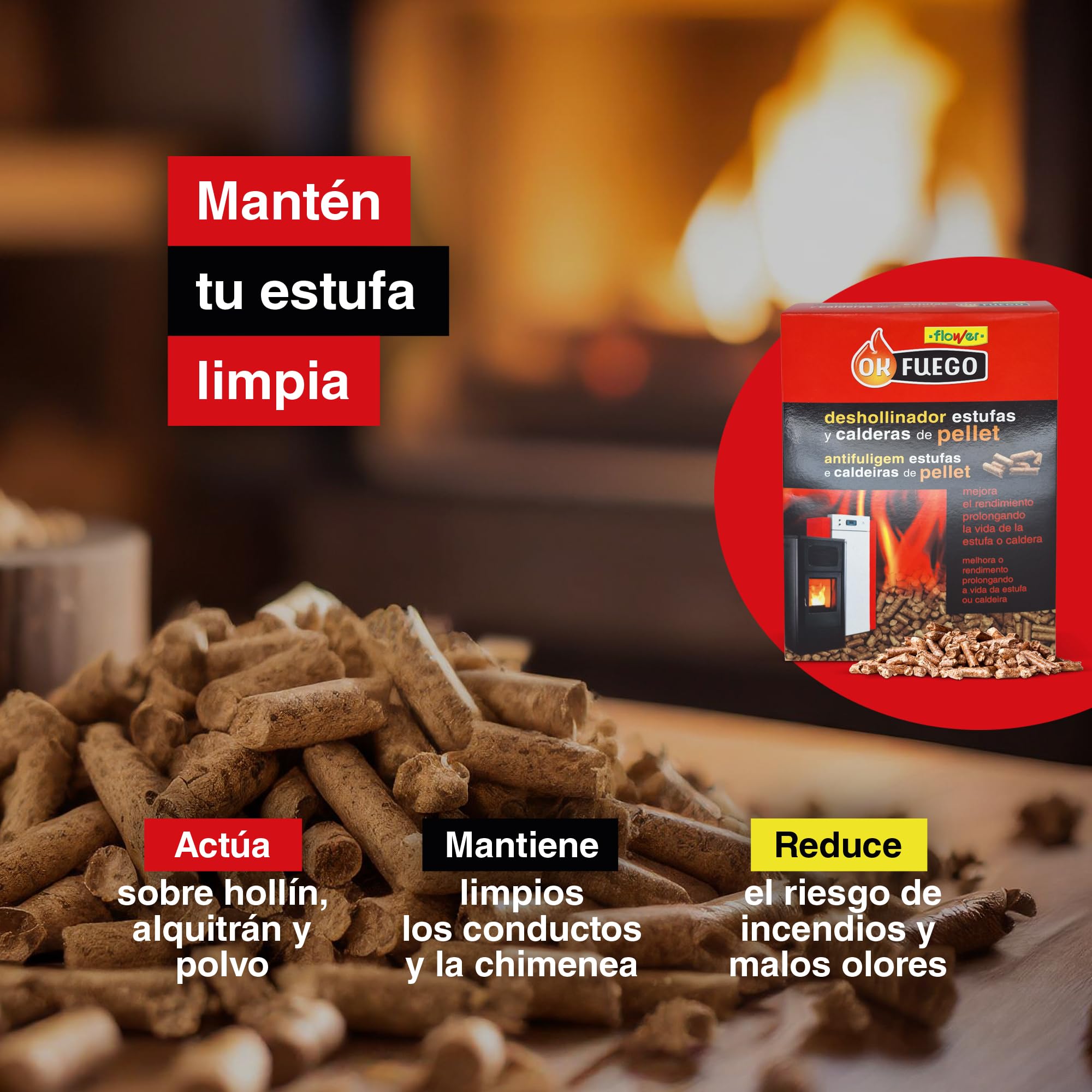 FLOWER Deshollinador Estufas y Calderas de Pellet 4,5 kg | Limpieza Hollín, Alquitrán y Polvo Chimena | Ahorro de Combustible y Mejora Rendimiento | Mayor Vida Útil Estufa