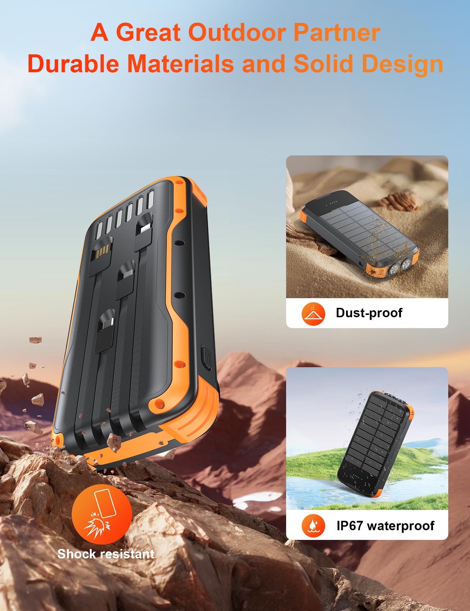 Cargador solar, batería externa de carga rápida PD de 20 W, cargador de teléfono portátil de 40000 mAh, 4 cables integrados con linternas dobles brillantes para camping, senderismo y uso al