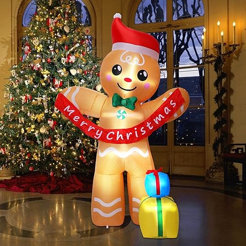 Miniatura 6 de Aesto 8.4 pies inflables de Navidad de hombre de jengibre con cajas de regalo, decoración inflable LED para exteriores interiores y exteriores