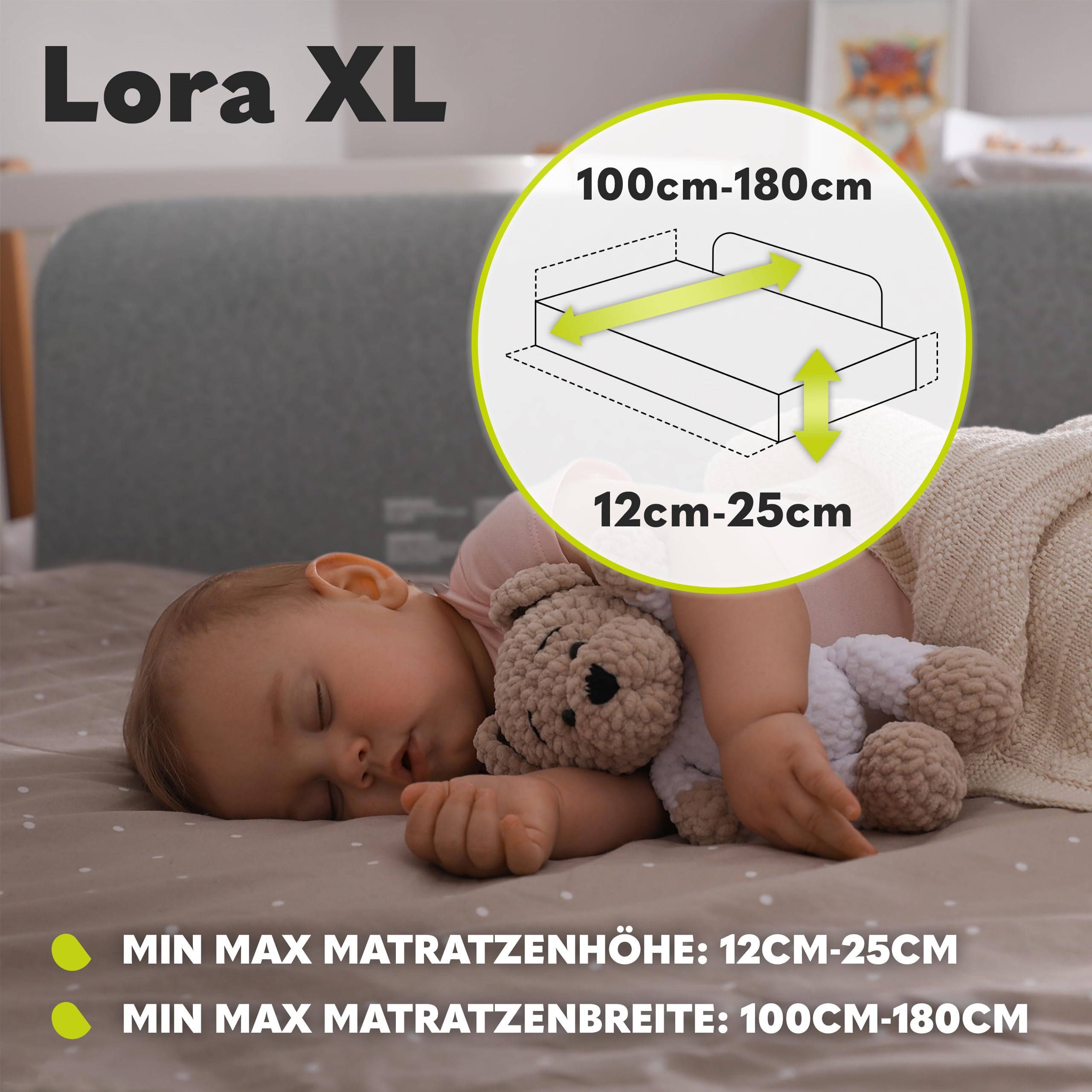 Lionelo Lora XL Tragbares Bettschutzgitter für Kinder, Neigungsverstellung bis 180°, klappbares Schutzgitter für Bett, 45 cm – 150 cm, StandSafe-Sicherung, Schutz gegen Herausfallen