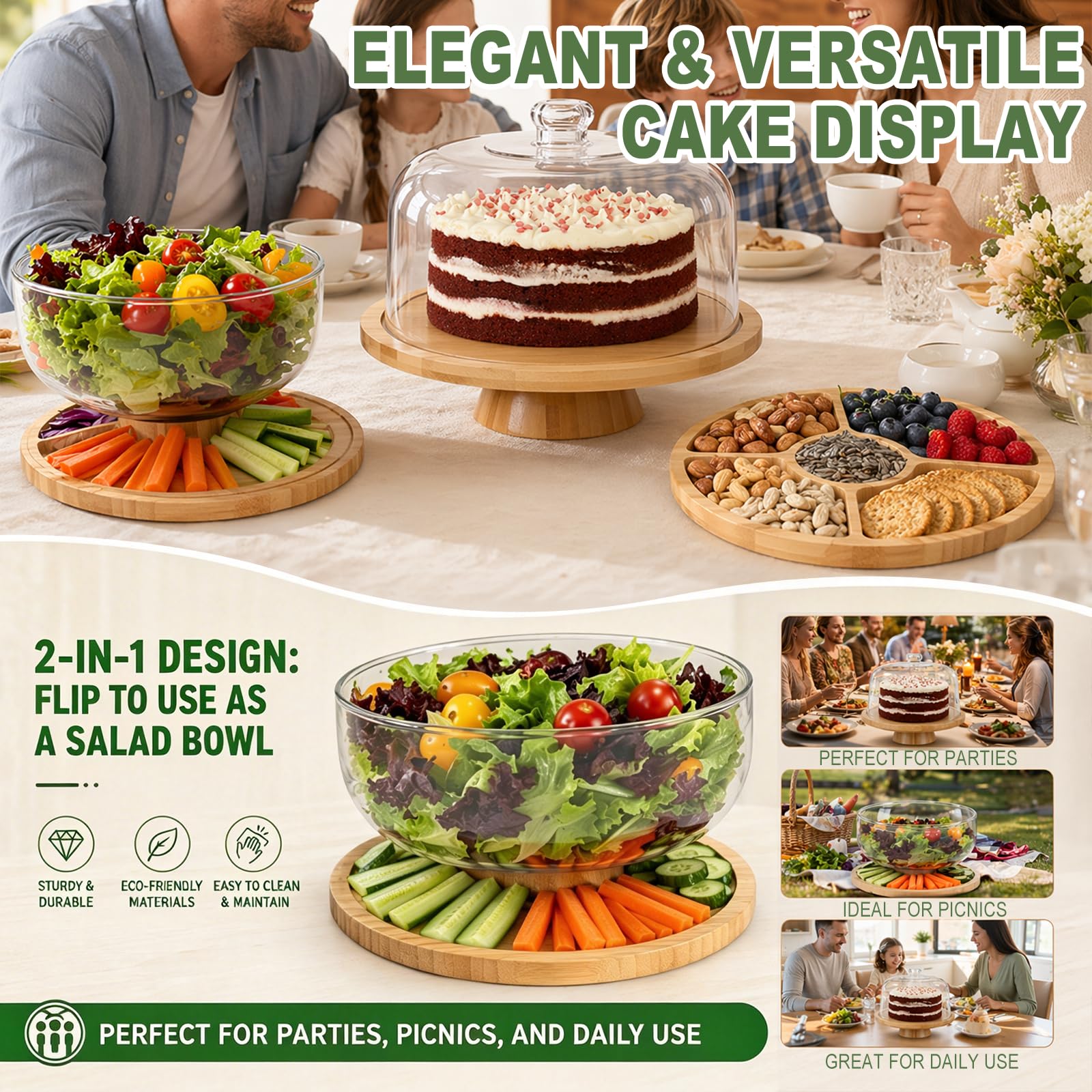 LOMUG Présentoir à gâteau 6 en 1 avec couvercle, plateau à gâteau en bambou avec support, cloche à gâteau polyvalente pour gâteaux, gâteaux, cupcakes et desserts
