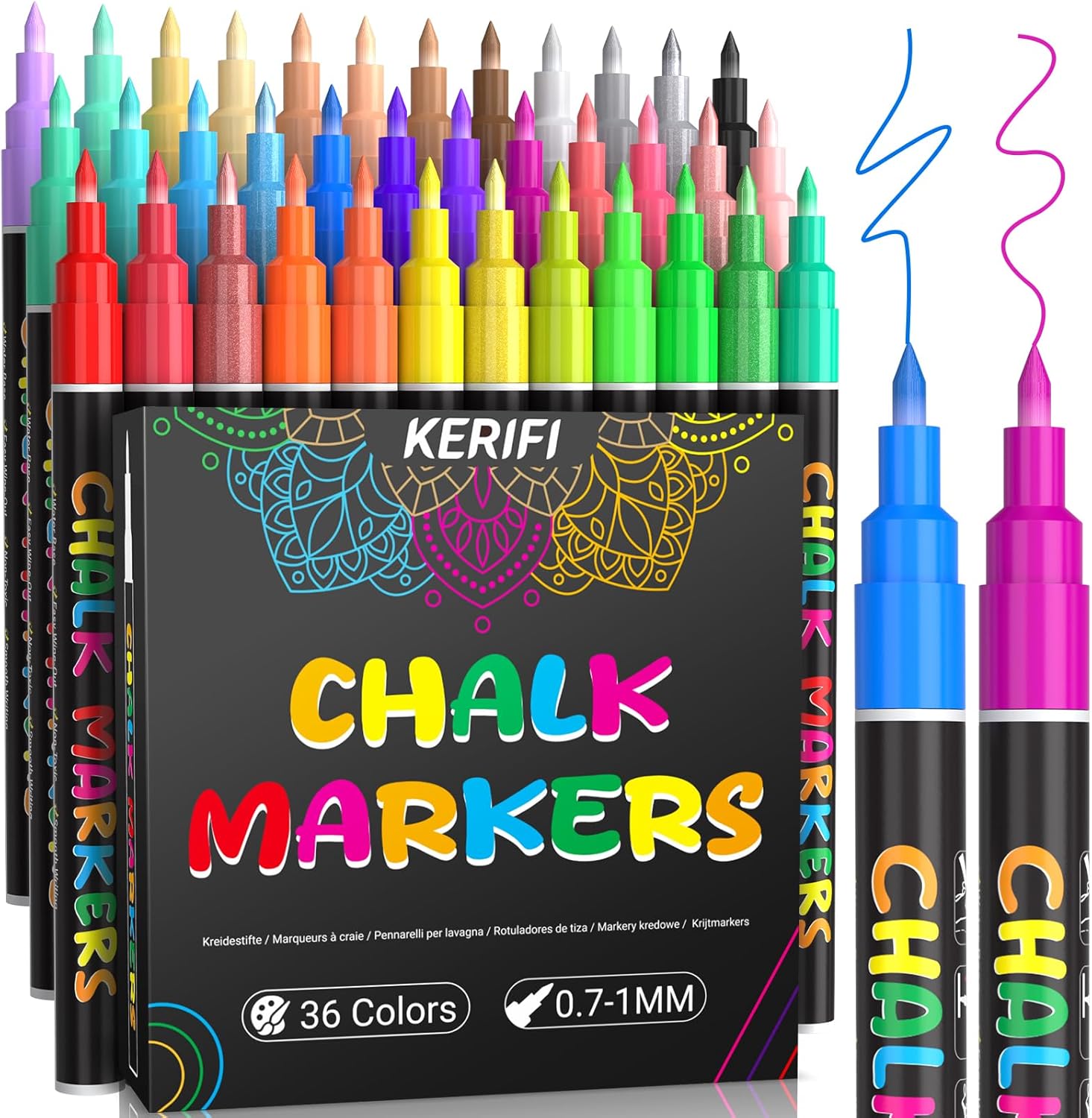 KERIFI Liquid Chalk Markers Fine Tip 1.0mm, 36 Colors Wet Erase Makers for Calendar Chalkboard, Erasable Chalk Pens for Blackboard, Dry Erase Board, Bistro Menu, Wedding Signs, Glass Window Decor